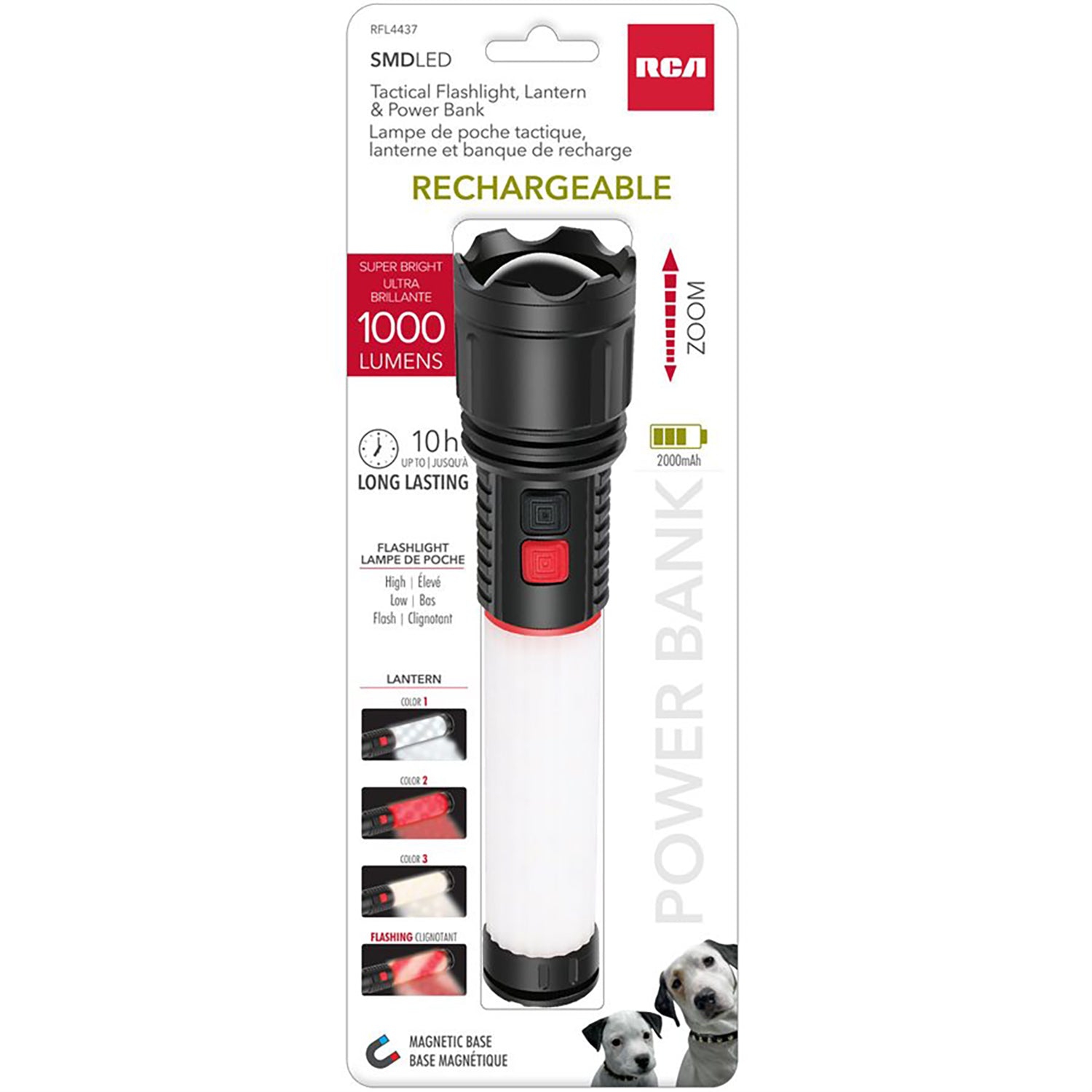 RCA - LED Flashlight and Lantern with 2000mAh Charging Bank, Rechargeable