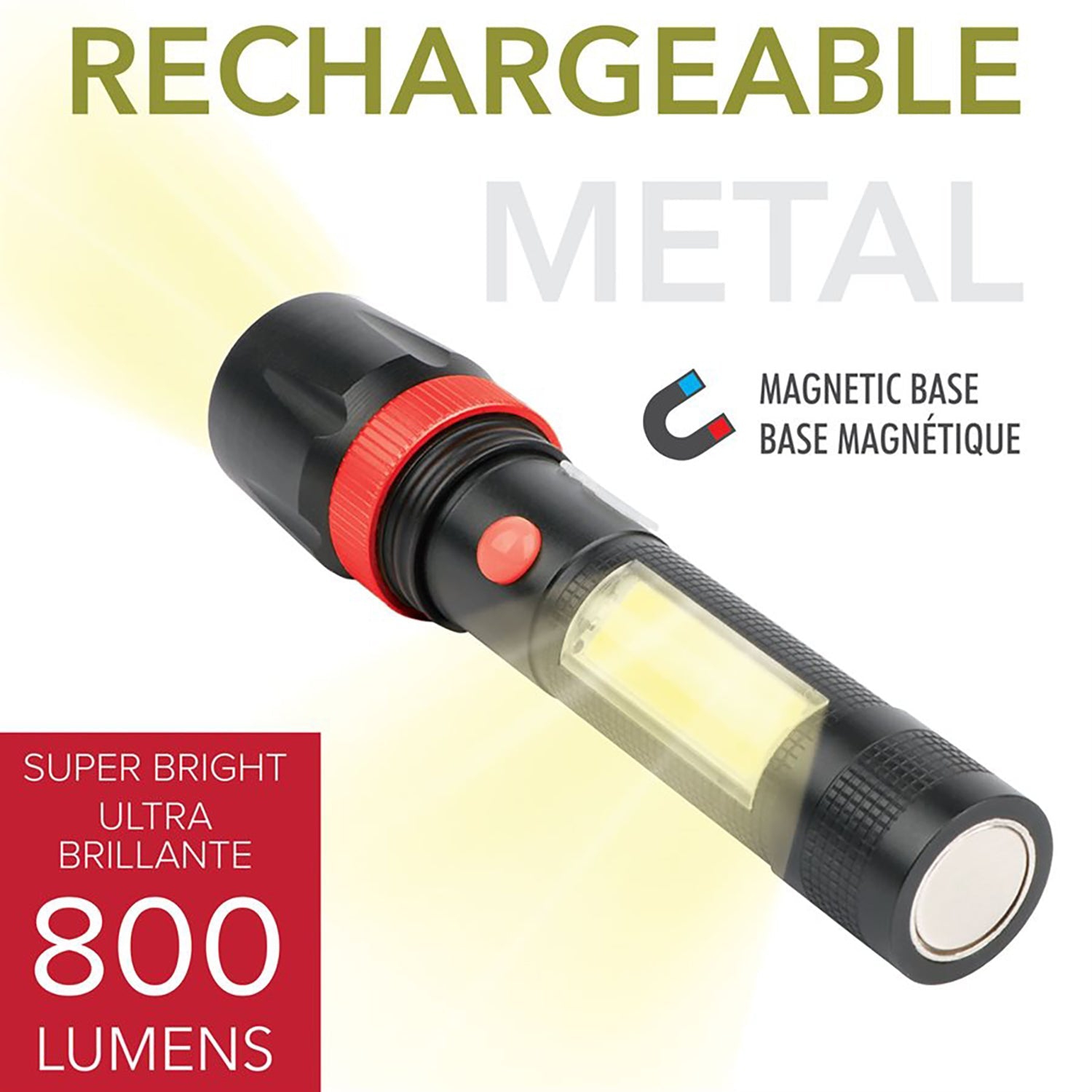 RCA – Lampe de poche COB avec mini lanterne rechargeable, 800 lumens