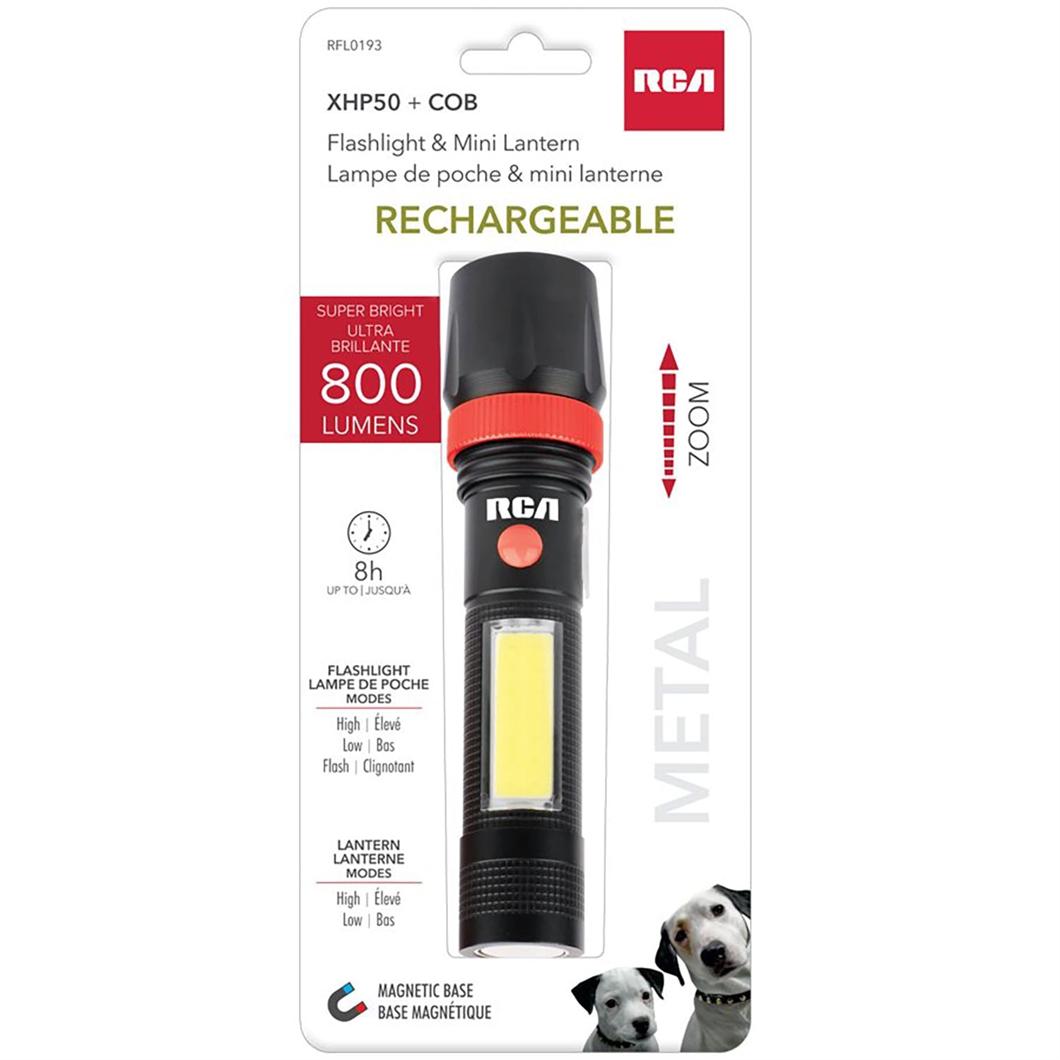 RCA – Lampe de poche COB avec mini lanterne rechargeable, 800 lumens