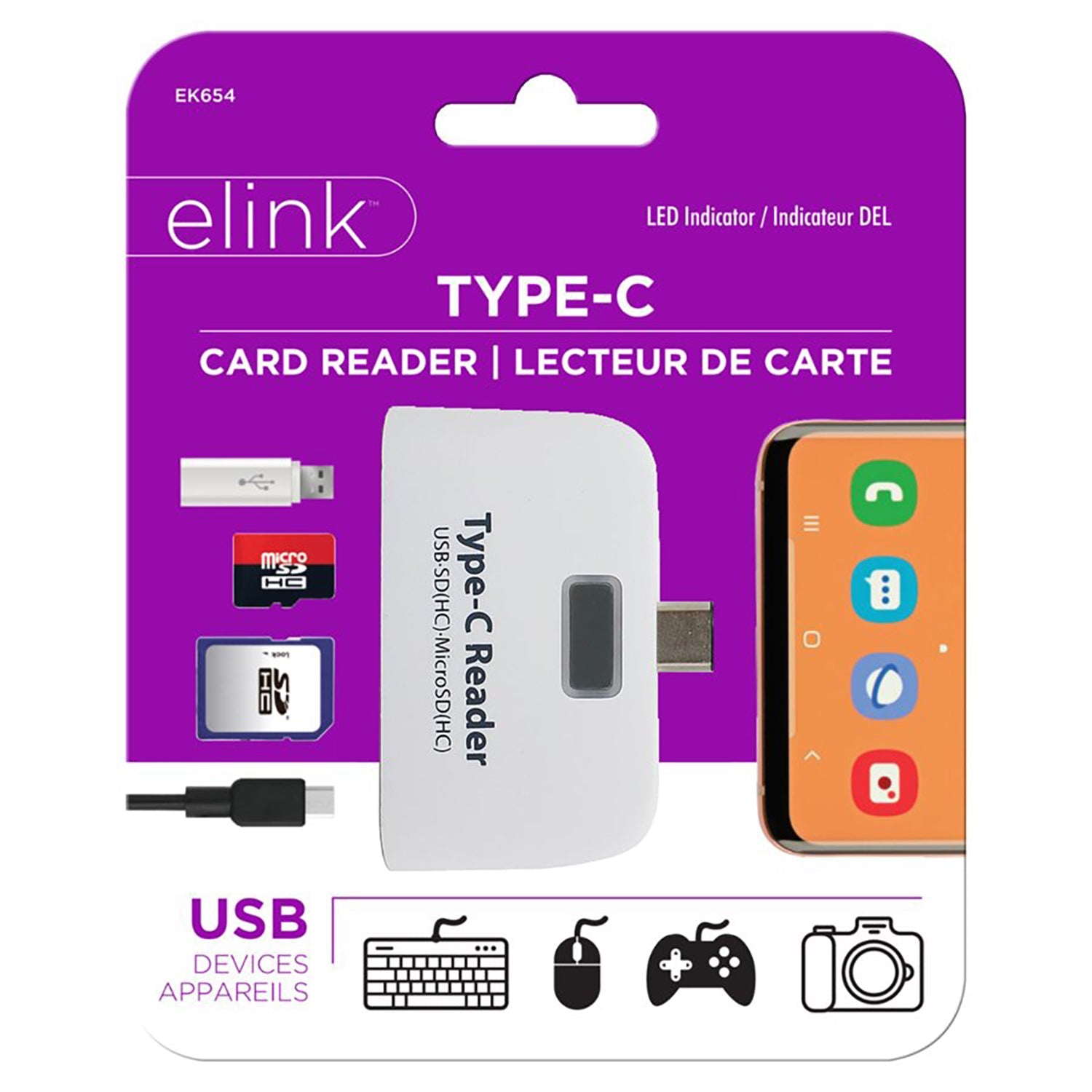 Elink - USB Type-C to USB-A Adapter and SD and Micro SD Card Reader, White