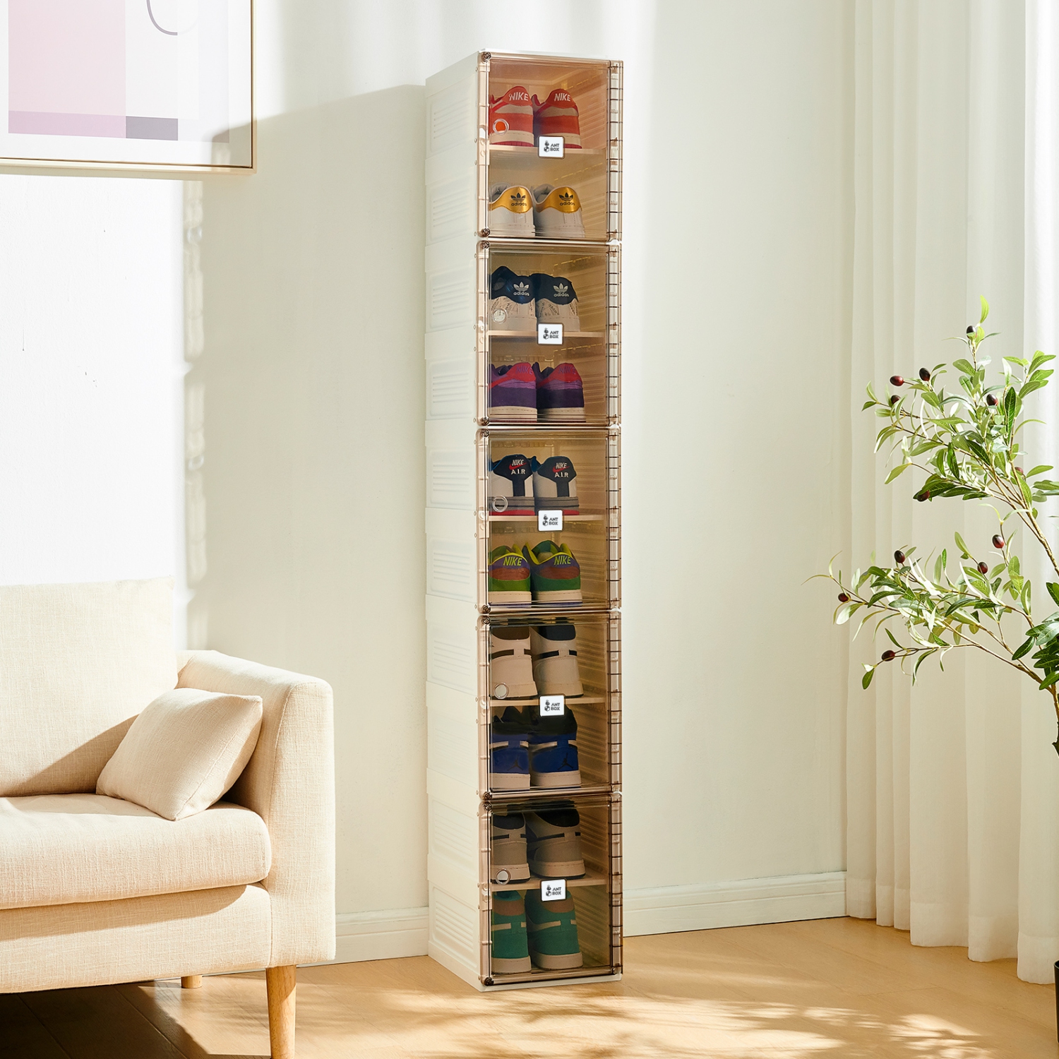 AntBox Shoe Box 10 layers 10 grids Brown, Portable Shoe Organizers Storage Boxes with Magnetic Door, Easy Assembly