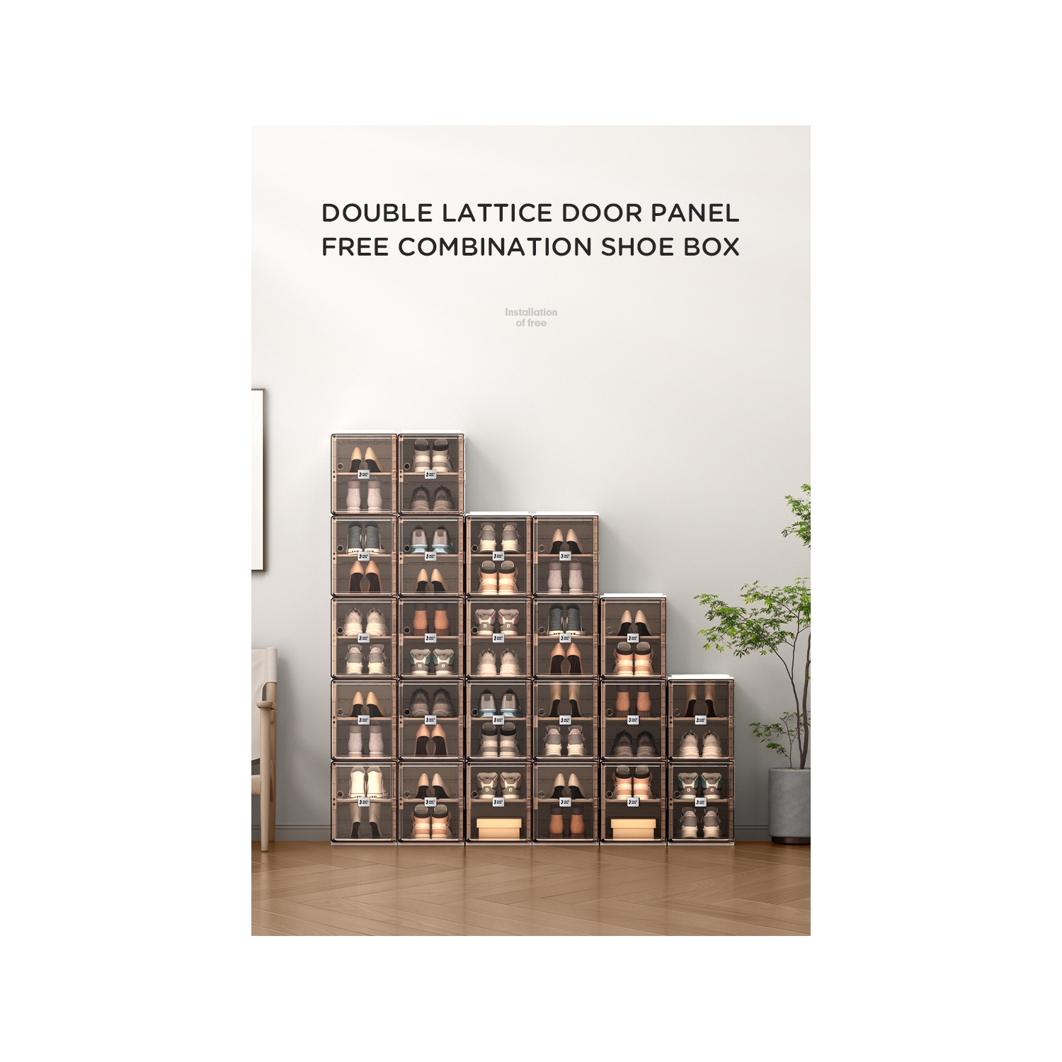 AntBox Shoe Box 10 layers 10 grids Brown, Portable Shoe Organizers Storage Boxes with Magnetic Door, Easy Assembly