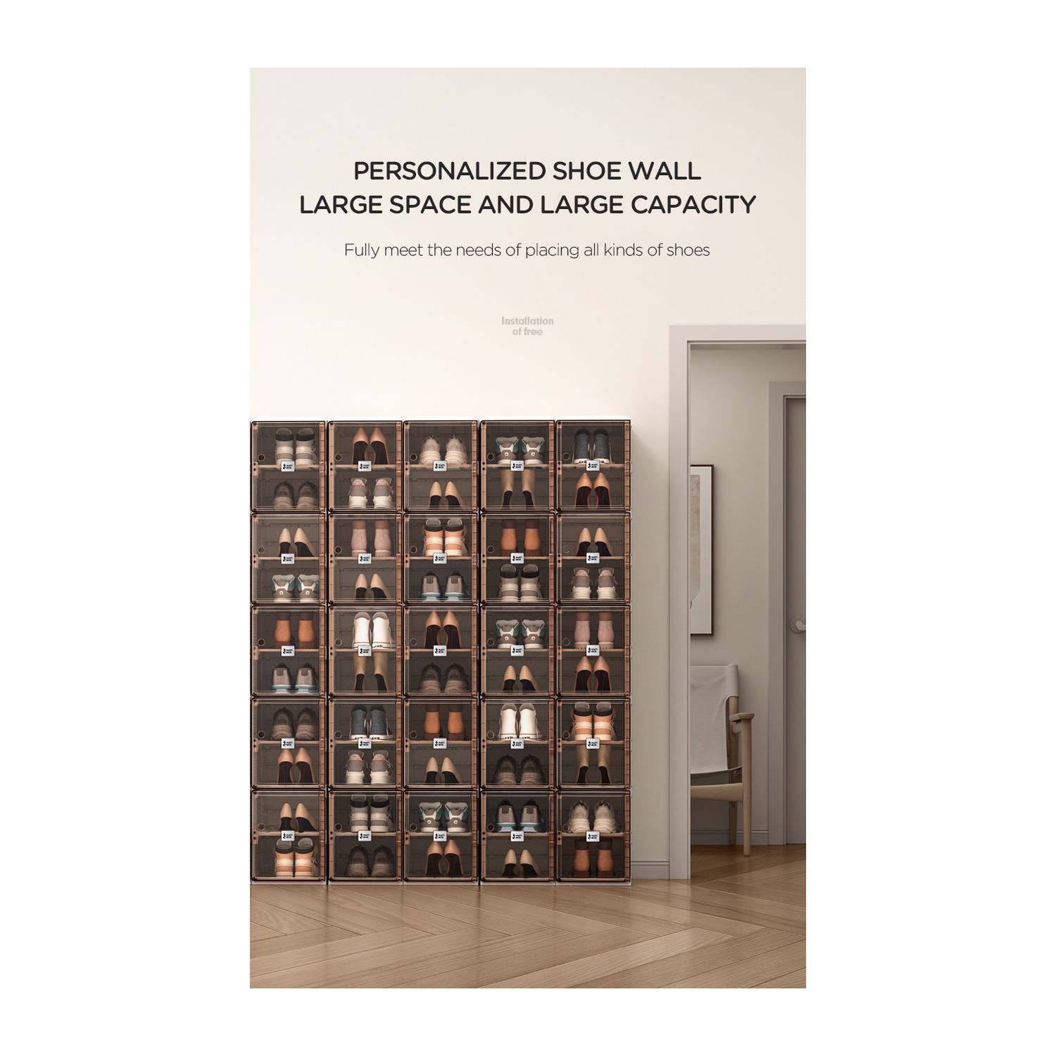 AntBox Shoe Box 10 layers 10 grids Brown, Portable Shoe Organizers Storage Boxes with Magnetic Door, Easy Assembly