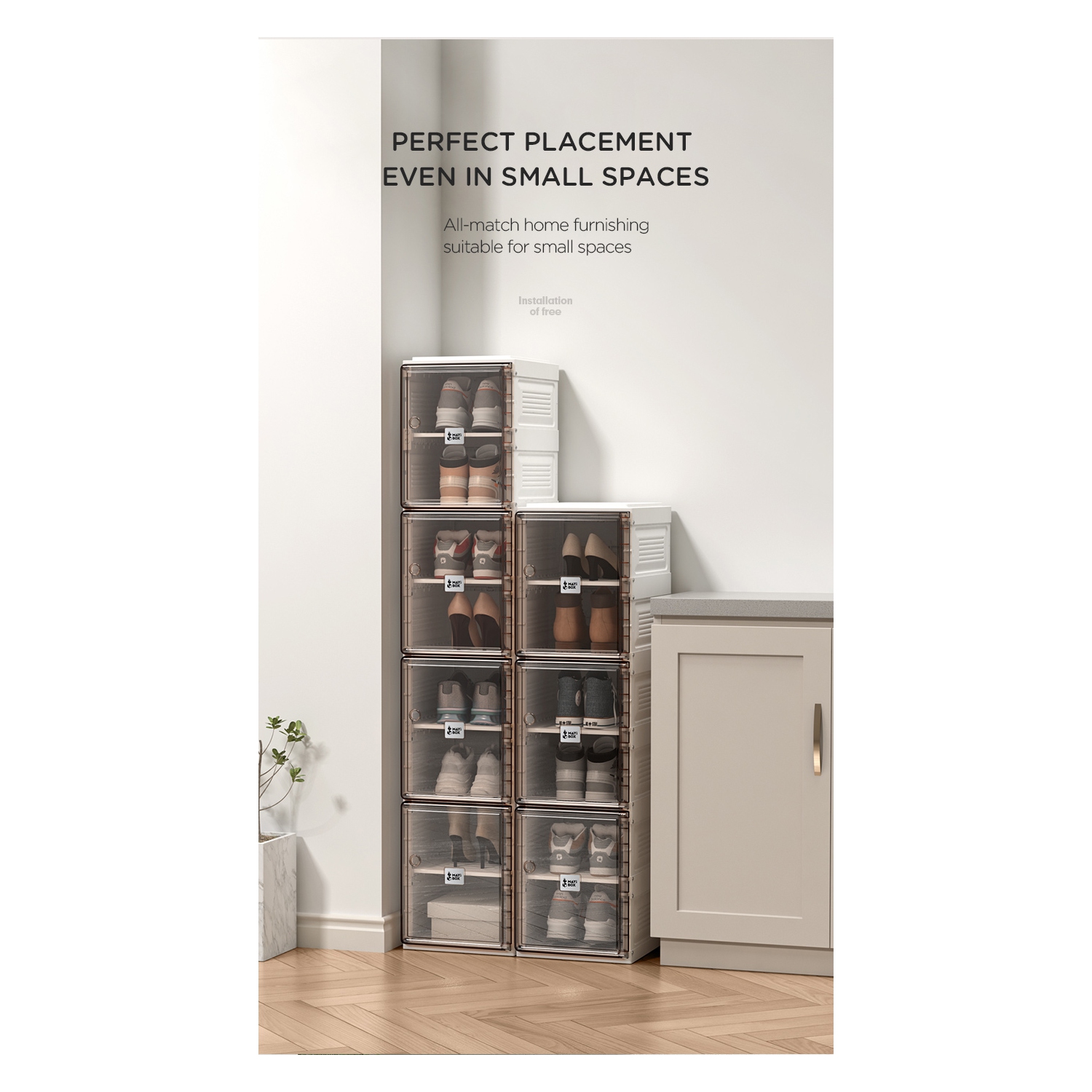 AntBox Shoe Box 10 layers 10 grids Brown, Portable Shoe Organizers Storage Boxes with Magnetic Door, Easy Assembly