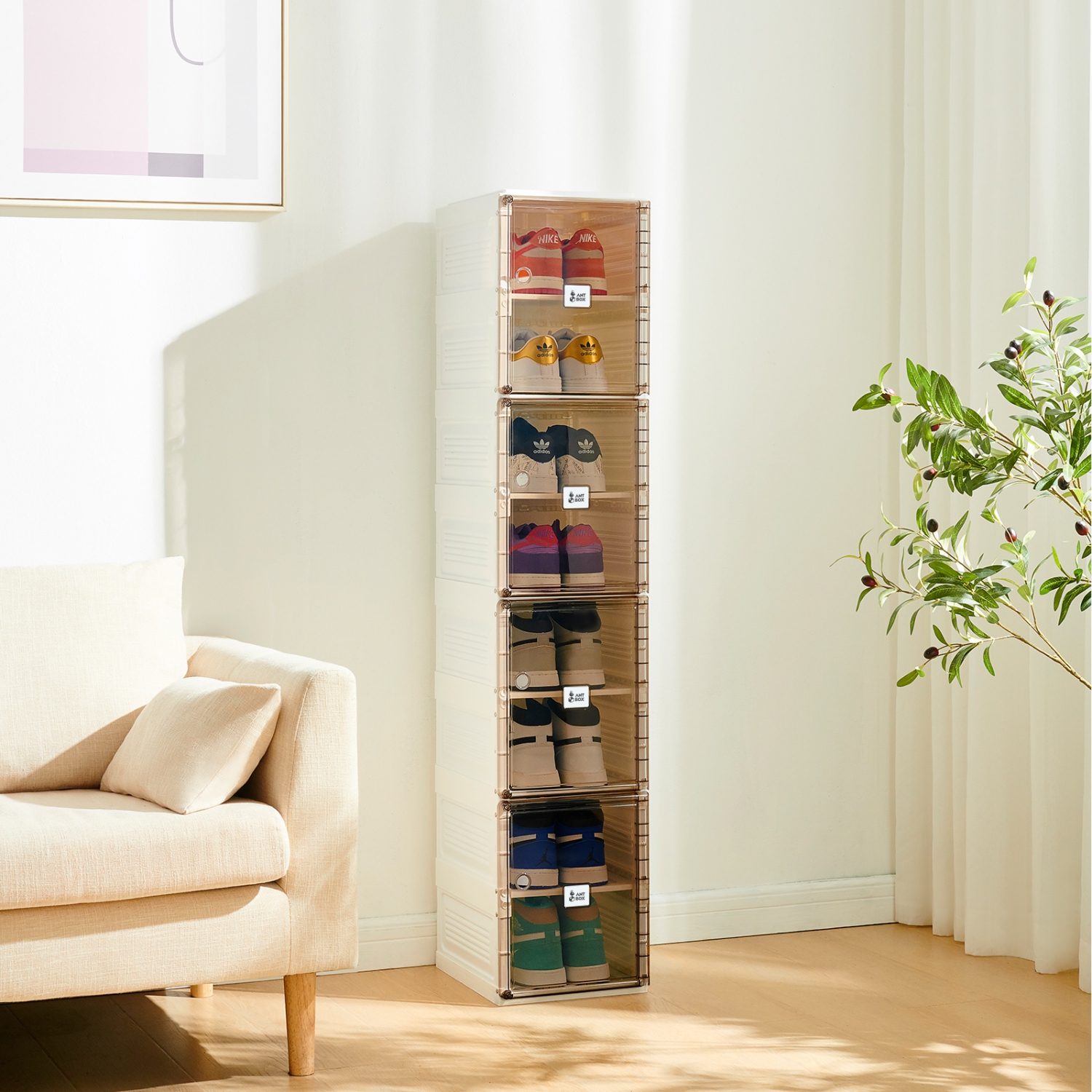 AntBox Shoe Box 8 layers 8 grids Brown, Portable Shoe Organizers Storage Boxes with Magnetic Door, Easy Assembly