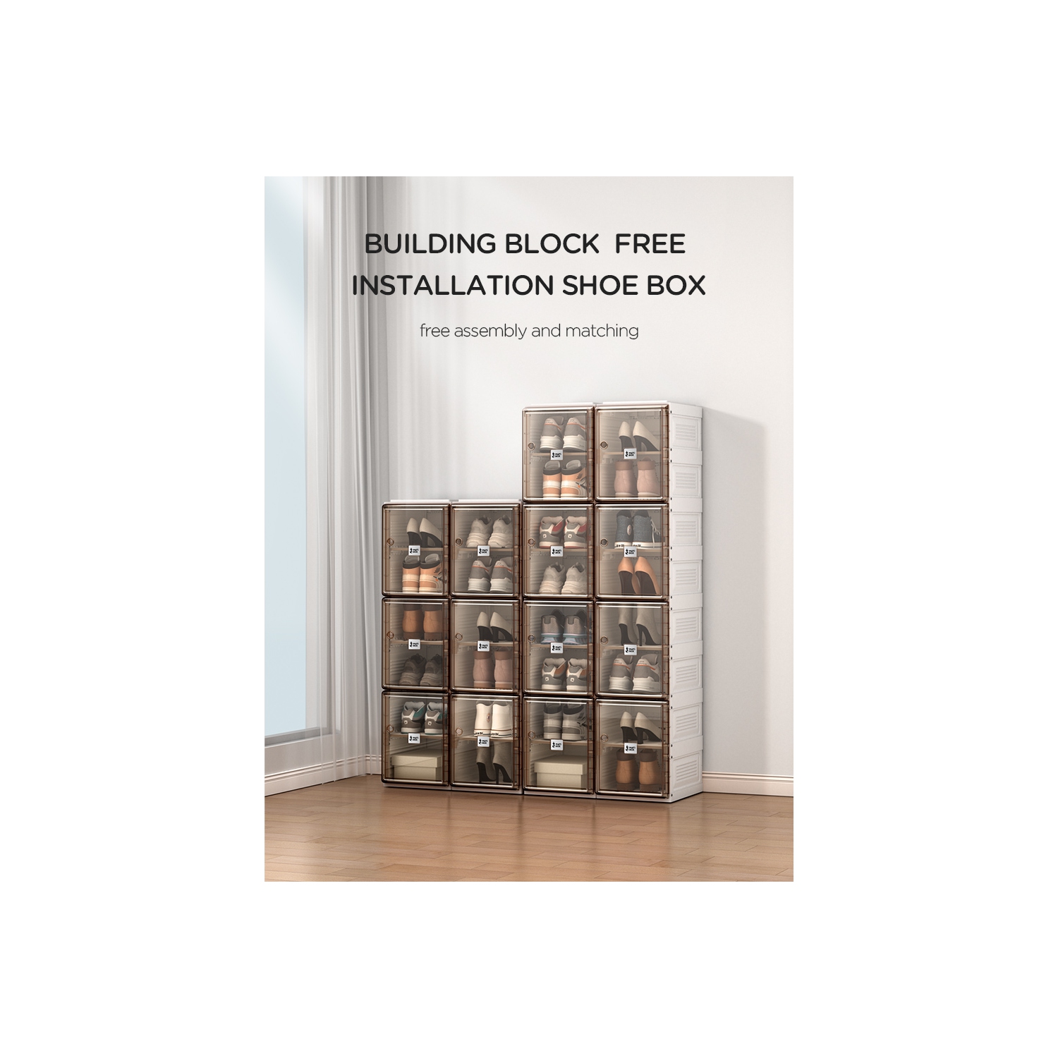 AntBox Shoe Box 8 layers 8 grids Brown, Portable Shoe Organizers Storage Boxes with Magnetic Door, Easy Assembly