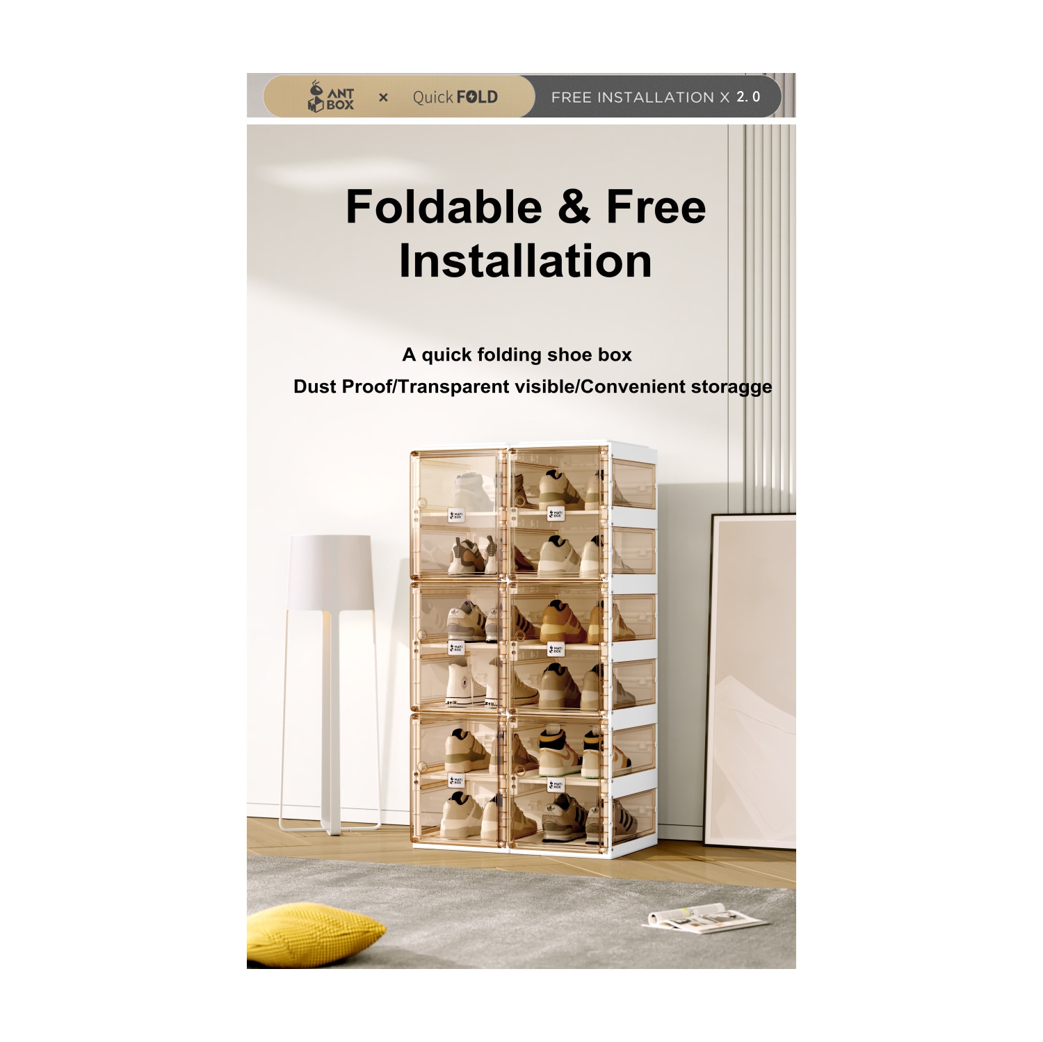 AntBox Shoe Box 6 layers 12 grids Brown, Portable Shoe Organizers Storage Boxes with Magnetic Door, Easy Assembly