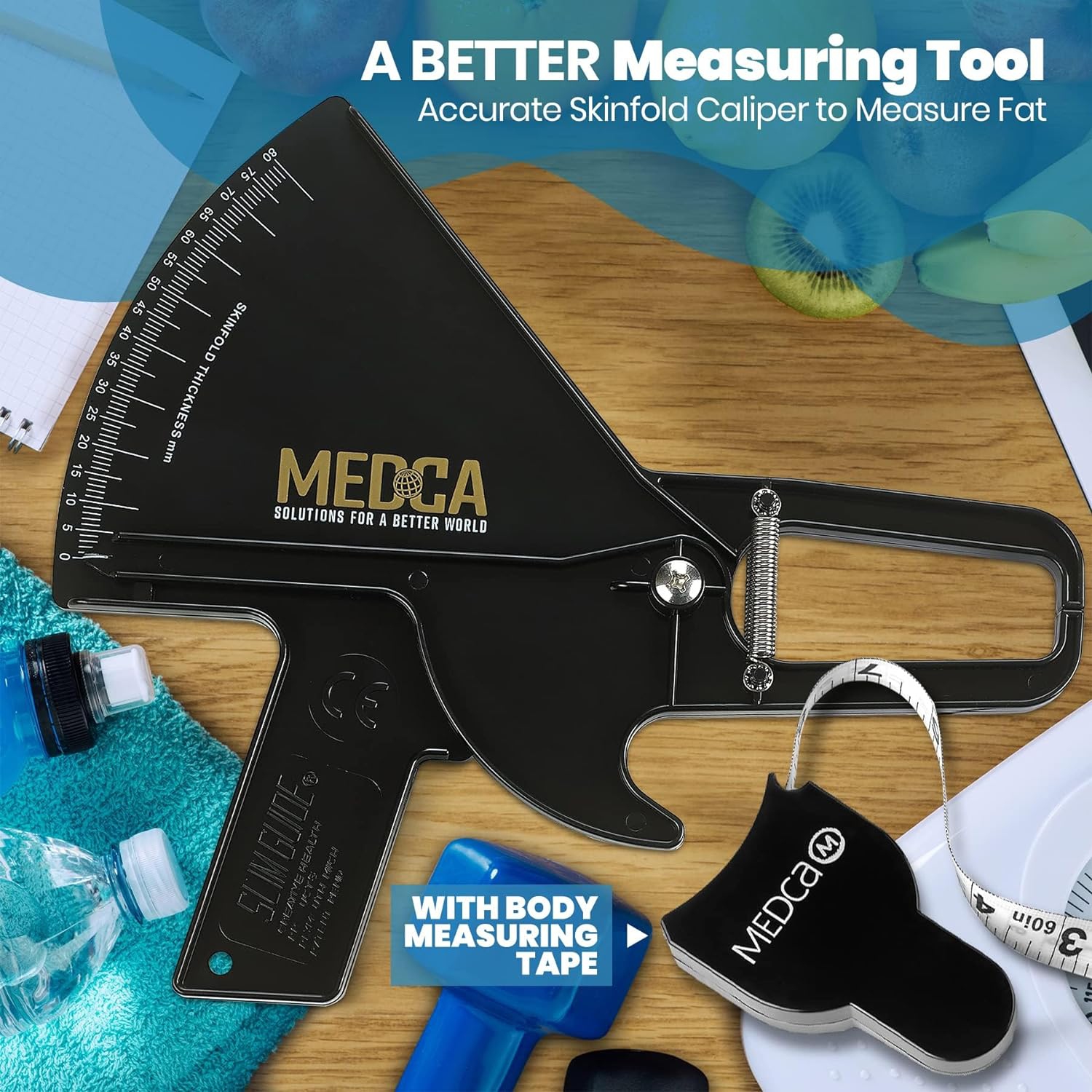 Pro Skinfold Caliper and Body Measurement Tape - Precision Body Fat Tool Plus BMI Chart - Measure and Gauge Body Fat, Track Weight Loss and Achieve