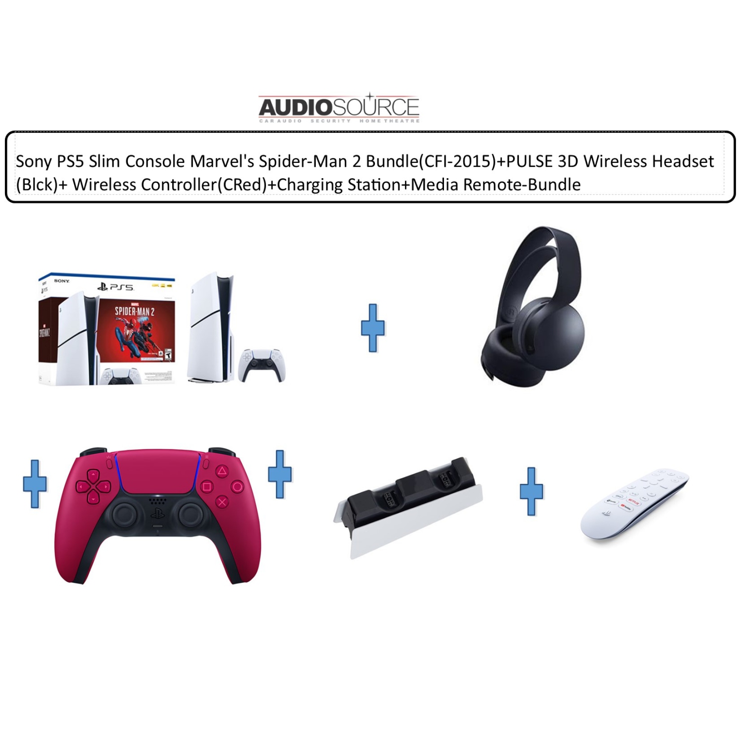 Sony PS5 Console Marvel's Spider-Man 2 Bundle(CFI-2015)+PULSE 3D Wireless Headset(Blck)+ Wireless Controller(Sblue)+Charging Station+Media Remote-Bundle