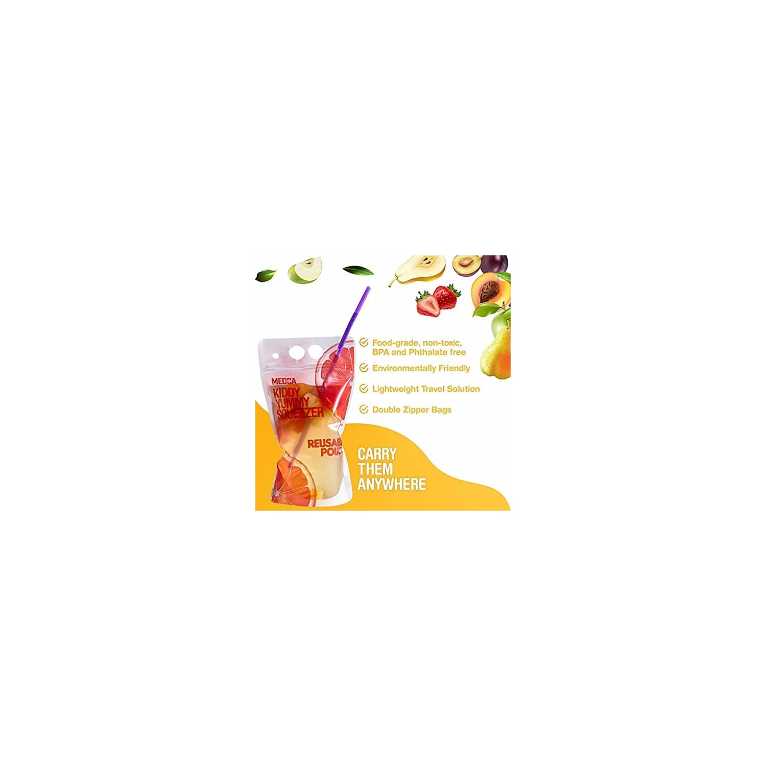 New Reusable Drink Pouches- 100 Clear Drink Bags+100 Straws Double Zipper Reusable Smoothie Juice, Clear Zipper Pouch Storage with No Leaks,