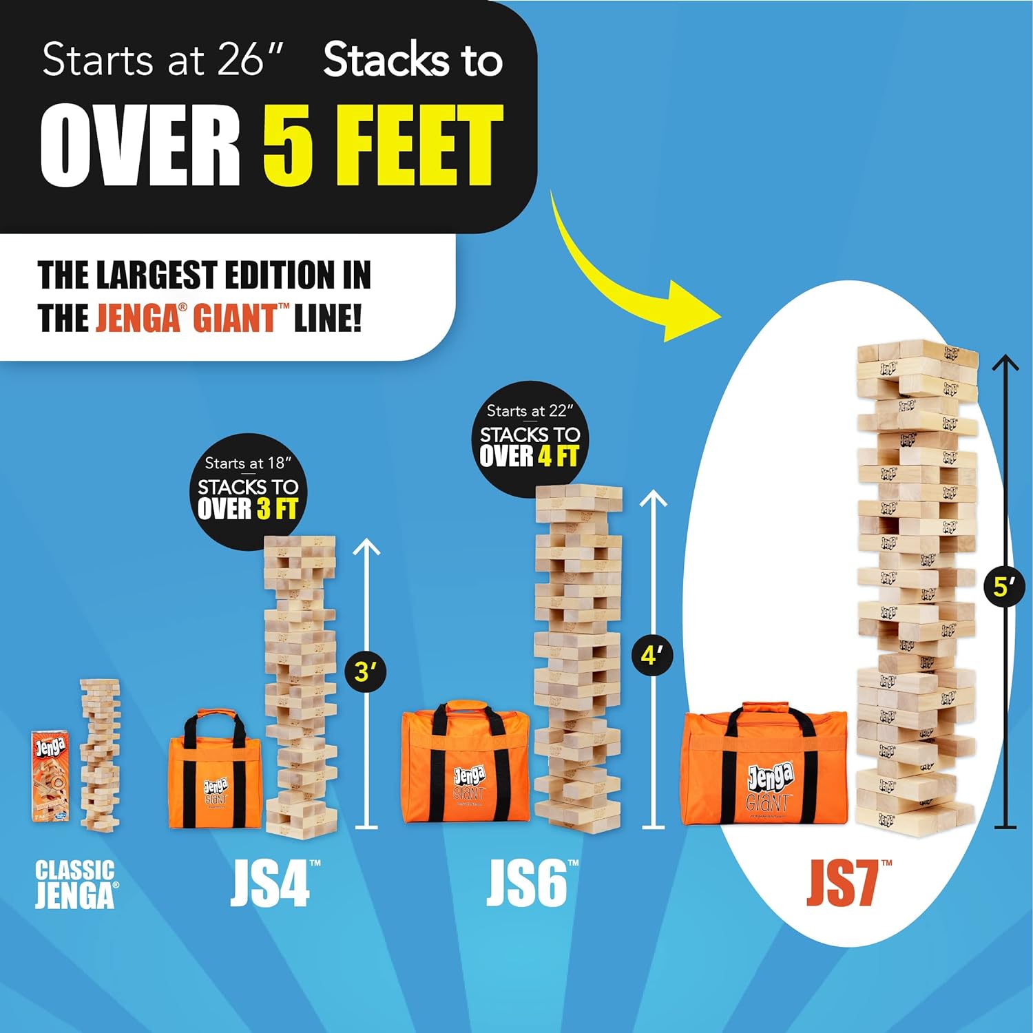 Jenga Giant JS7 jeu en bois dur de qualité supérieure conçu avec précision avec sac de transport robuste (jeu authentique de la marque Jenga)