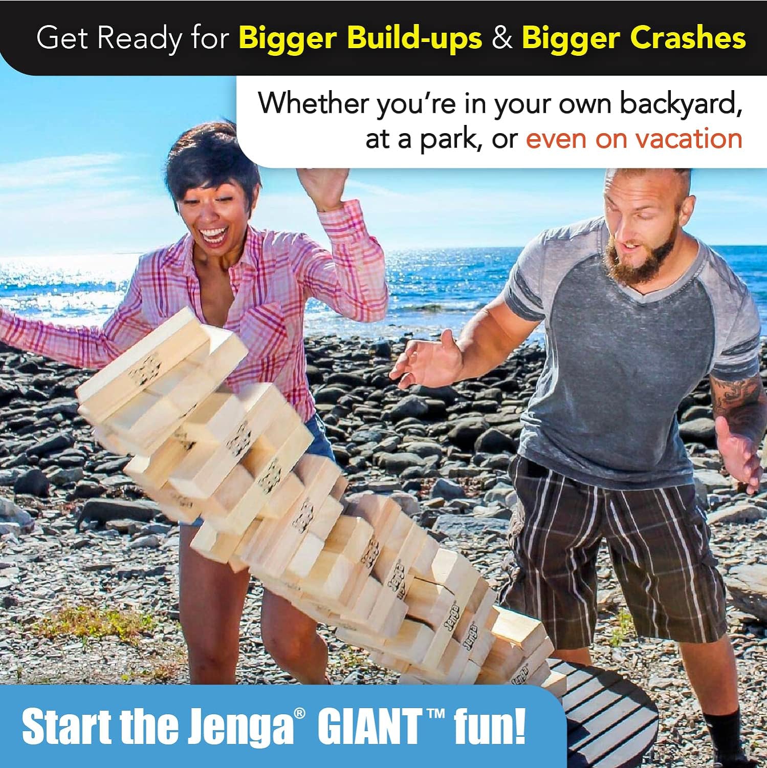 Jenga Giant JS7 jeu en bois dur de qualité supérieure conçu avec précision avec sac de transport robuste (jeu authentique de la marque Jenga)