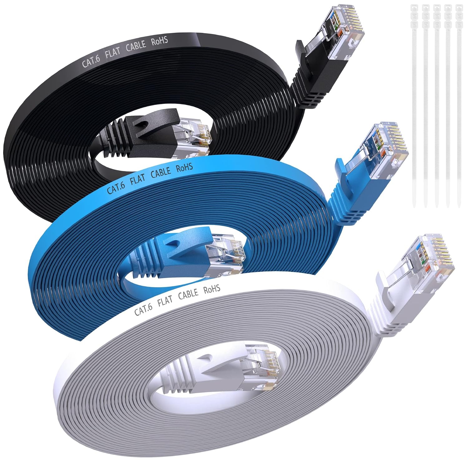 Cat 6 Flat Ethernet Cable 3 Feet/3 Pack, High Speed Slim Patch