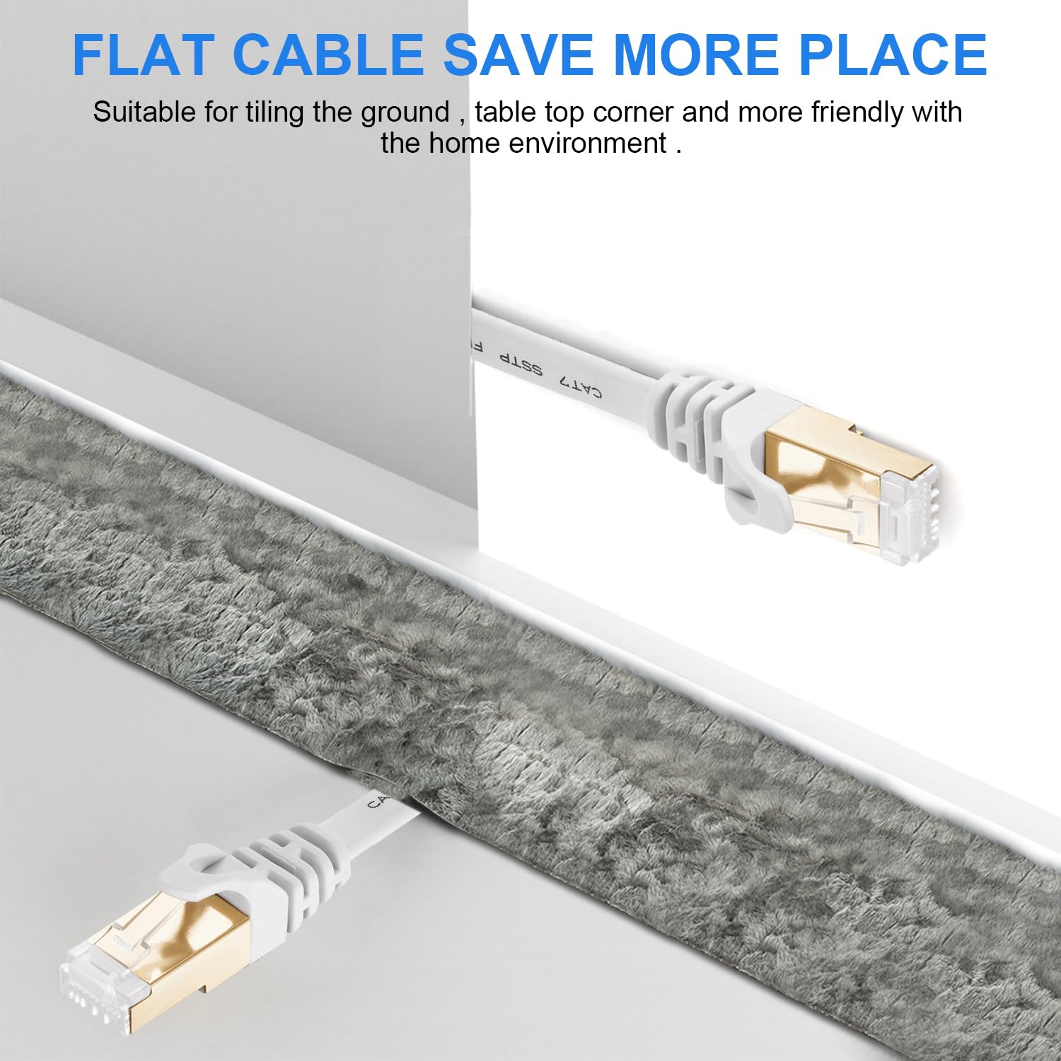 Cat7 Ethernet Cable 15FT-White, 10Gbps Shielded & GND Internet Network Cord,  High-Speed Cat 7 Flat Patch Cable for Hub, Router, Modem, Mac, PC, Laptop,  Xbox, PS, NAS, Cat6, CAT5 