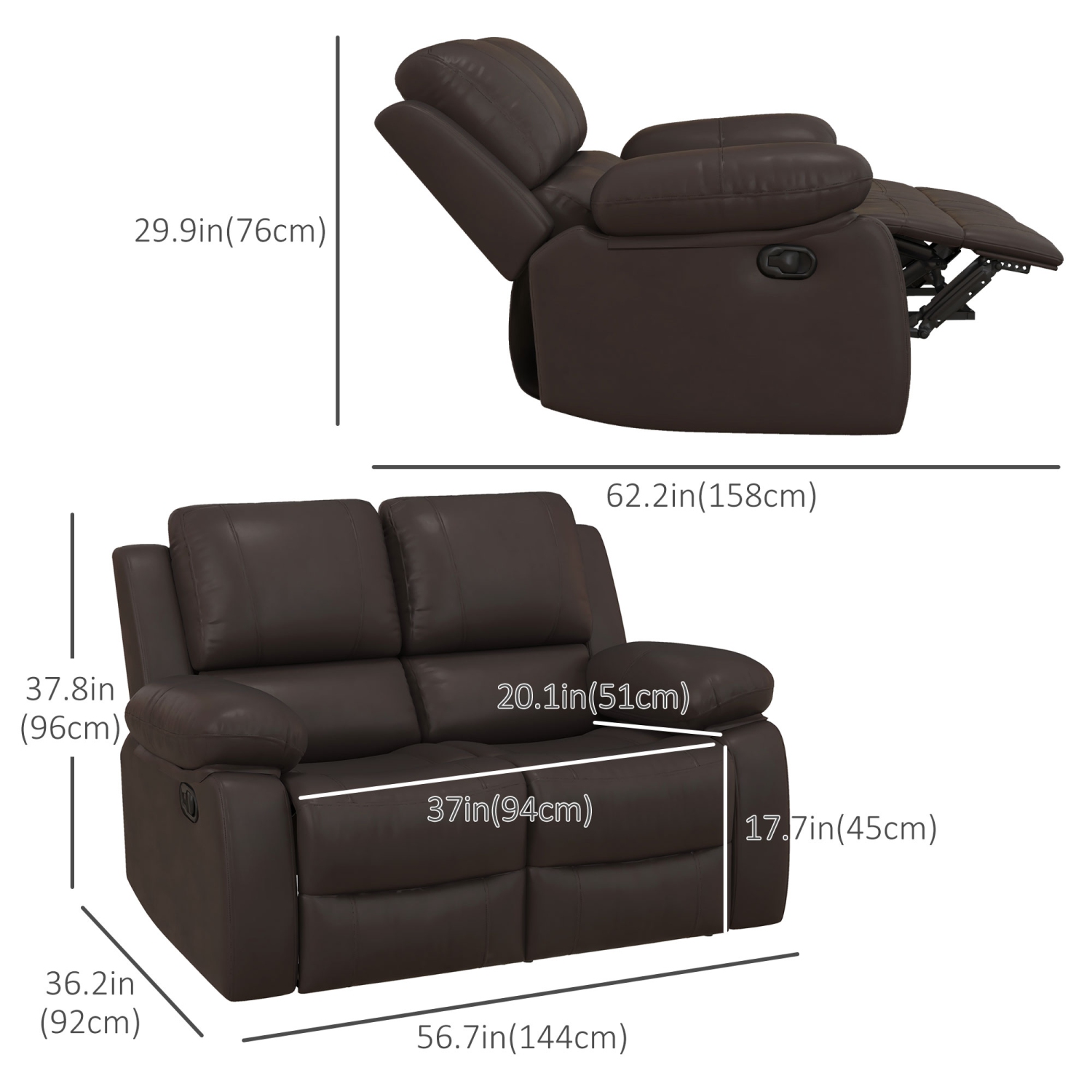 HOMCOM Double Reclining Loveseat, PU Leather Manual Recliner Sofa Chair with Pullback Control Footrest for Living Room, Brown