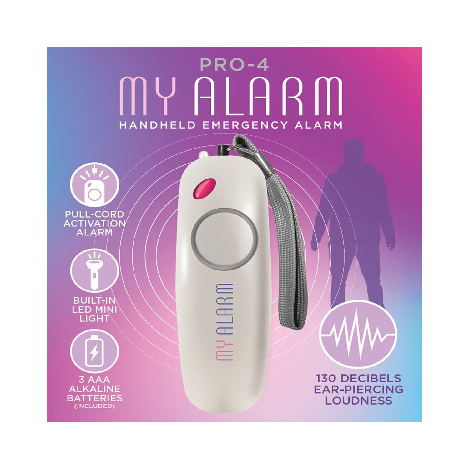 Alarme d'urgence portative Pro-4 My Alarm avec activation de cordon coulissant et mini lampe DEL intégrée, 2 piles AAA incluses