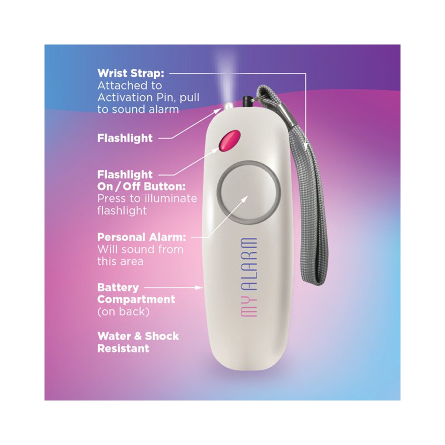 Alarme d'urgence portative Pro-4 My Alarm avec activation de cordon coulissant et mini lampe DEL intégrée, 2 piles AAA incluses