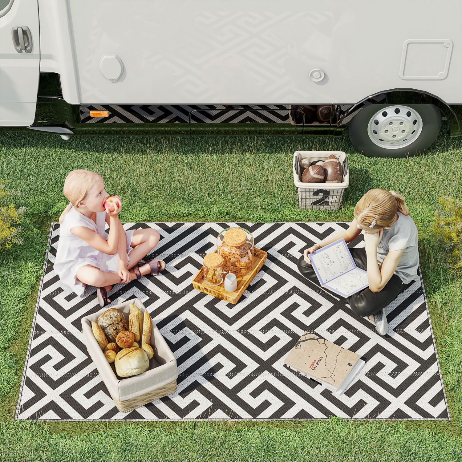 Tapis réversible pour VR d'extérieur Outsunny, tapis de patio de 4 x 6 pi, paille en plastique pour la cour, terrasse, pique-nique, plage, camping,