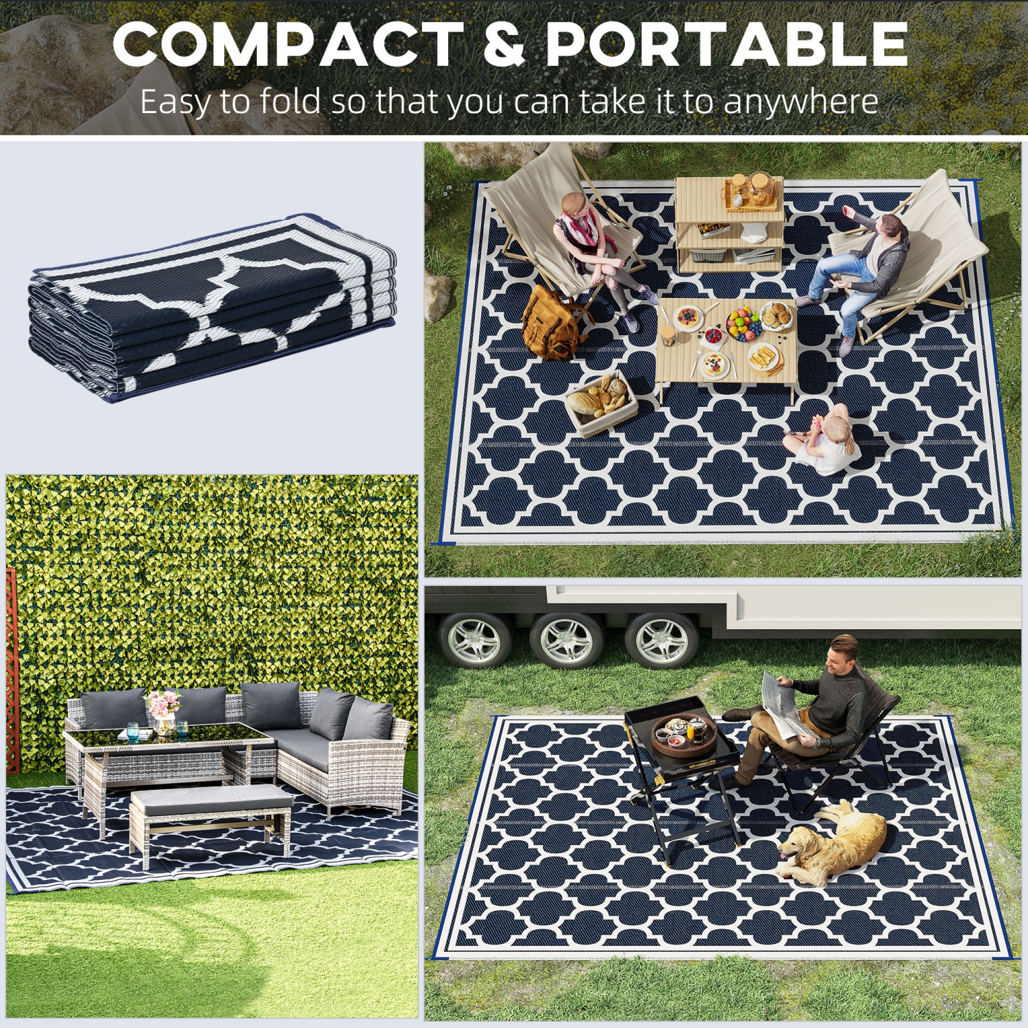 Outsunny Reversible Outdoor RV Rug, 9' x 12' Patio Floor Mat, Plastic Straw Rug for Backyard, Deck, Picnic, Beach, Camping, Dark Blue and White