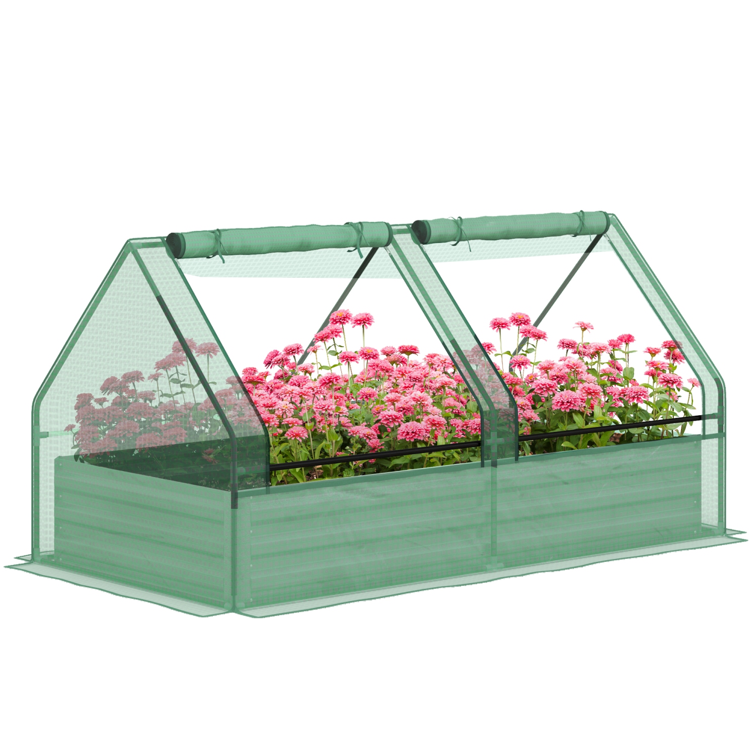 Outsunny 6' x 3' Raised Garden Bed with Mini Greenhouse, Metal Planter Box with 2 Roll-Up Windows for Herbs, Vegetables, Green and Silver