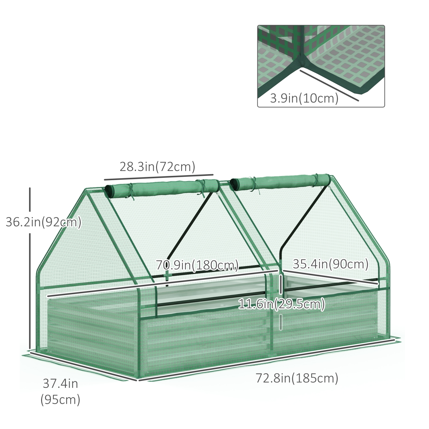 Outsunny 6' x 3' Raised Garden Bed with Mini Greenhouse, Metal Planter Box with 2 Roll-Up Windows for Herbs, Vegetables, Green and Silver