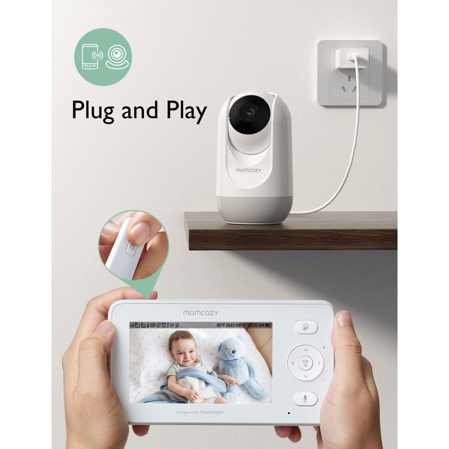 Interphone de surveillance vidéo MomCozy, interphone de surveillance HD 4,3 po avec caméra et audio sans Wi-Fi, écran divisé, vision nocturne