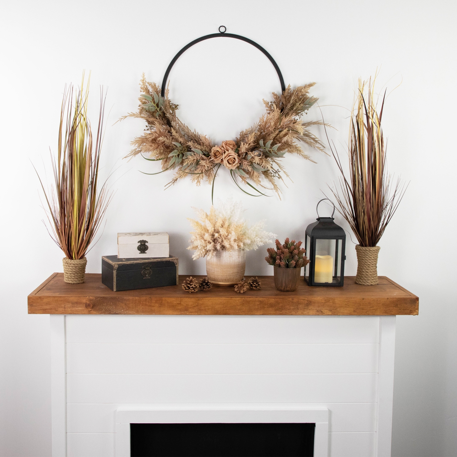 Fall Harvest Pale Rose and Thistle with Foliage Artificial Wreath, 24-Inch, Unlit