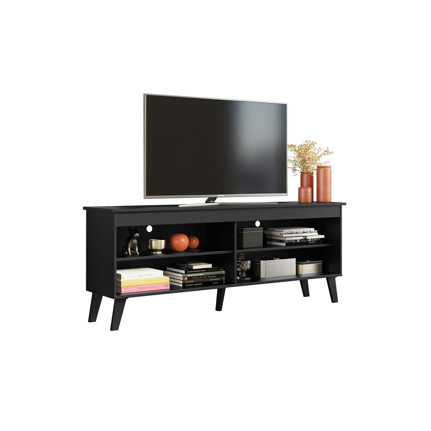 Madesa TV Stand Unit with 4 Shelves and Cable Management for 55, 65 Inch Media Console Entertainment Center Modern Wooden Television Cabinet - Black