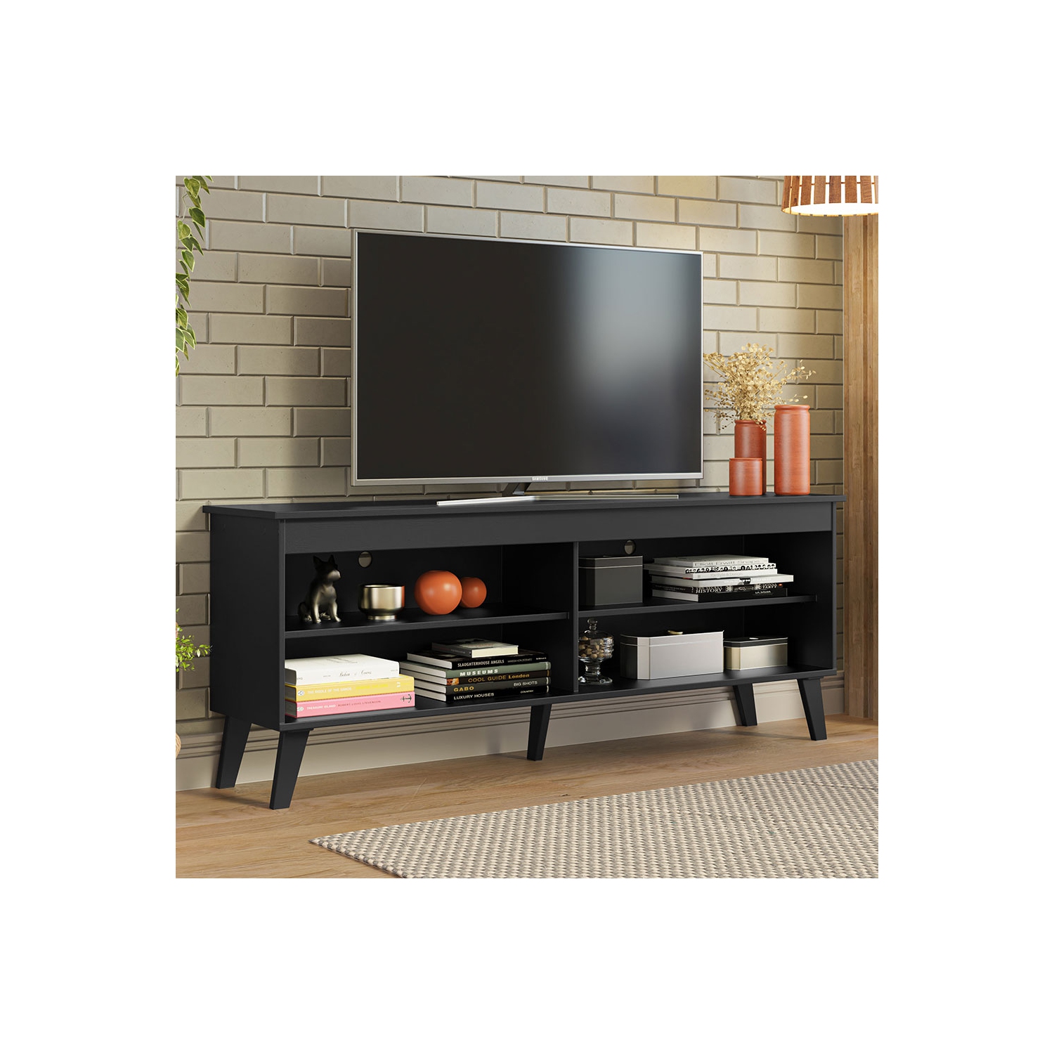 Madesa TV Stand Unit with 4 Shelves and Cable Management for 55, 65 Inch Media Console Entertainment Center Modern Wooden Television Cabinet - Black