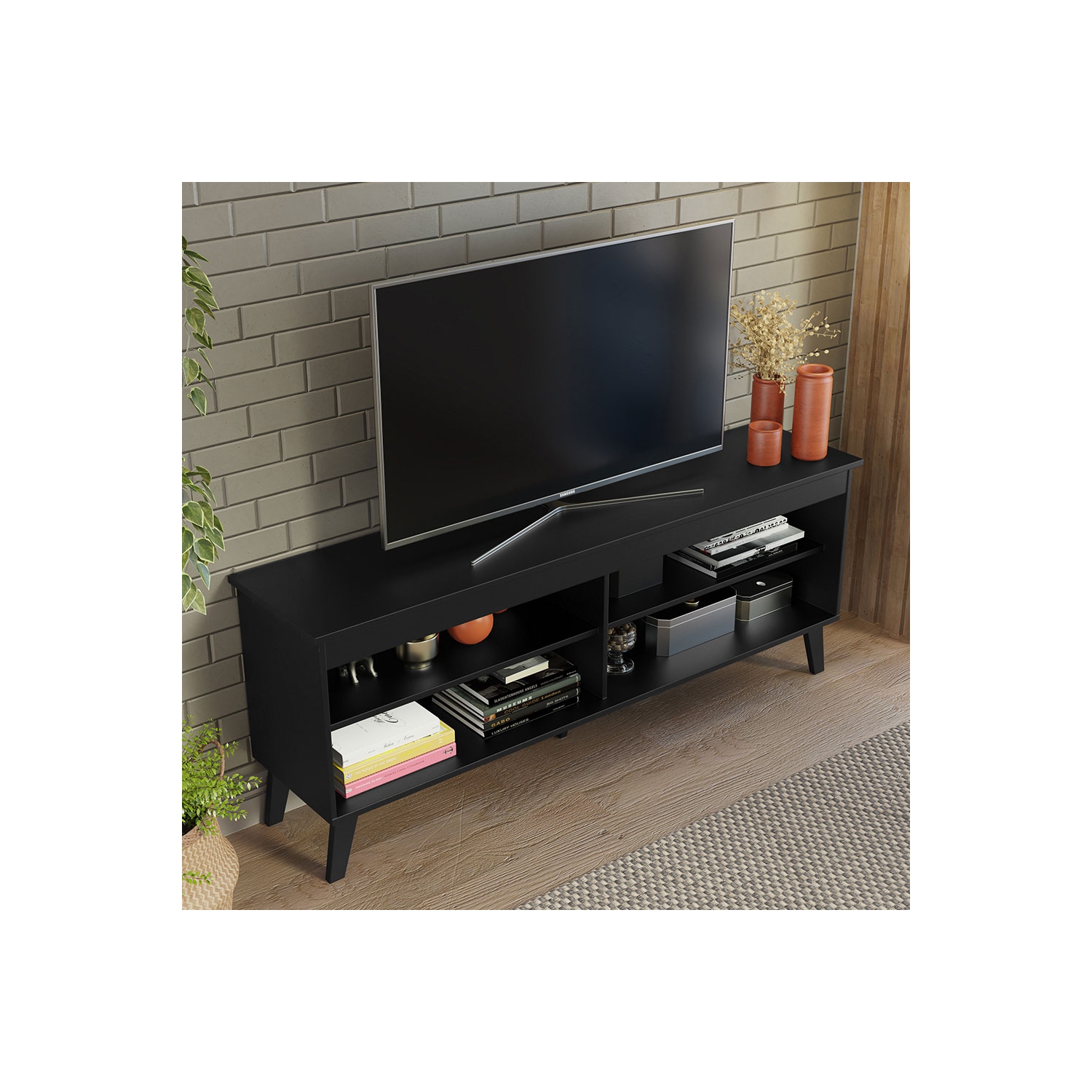 Madesa TV Stand Unit with 4 Shelves and Cable Management for 55, 65 Inch Media Console Entertainment Center Modern Wooden Television Cabinet - Black