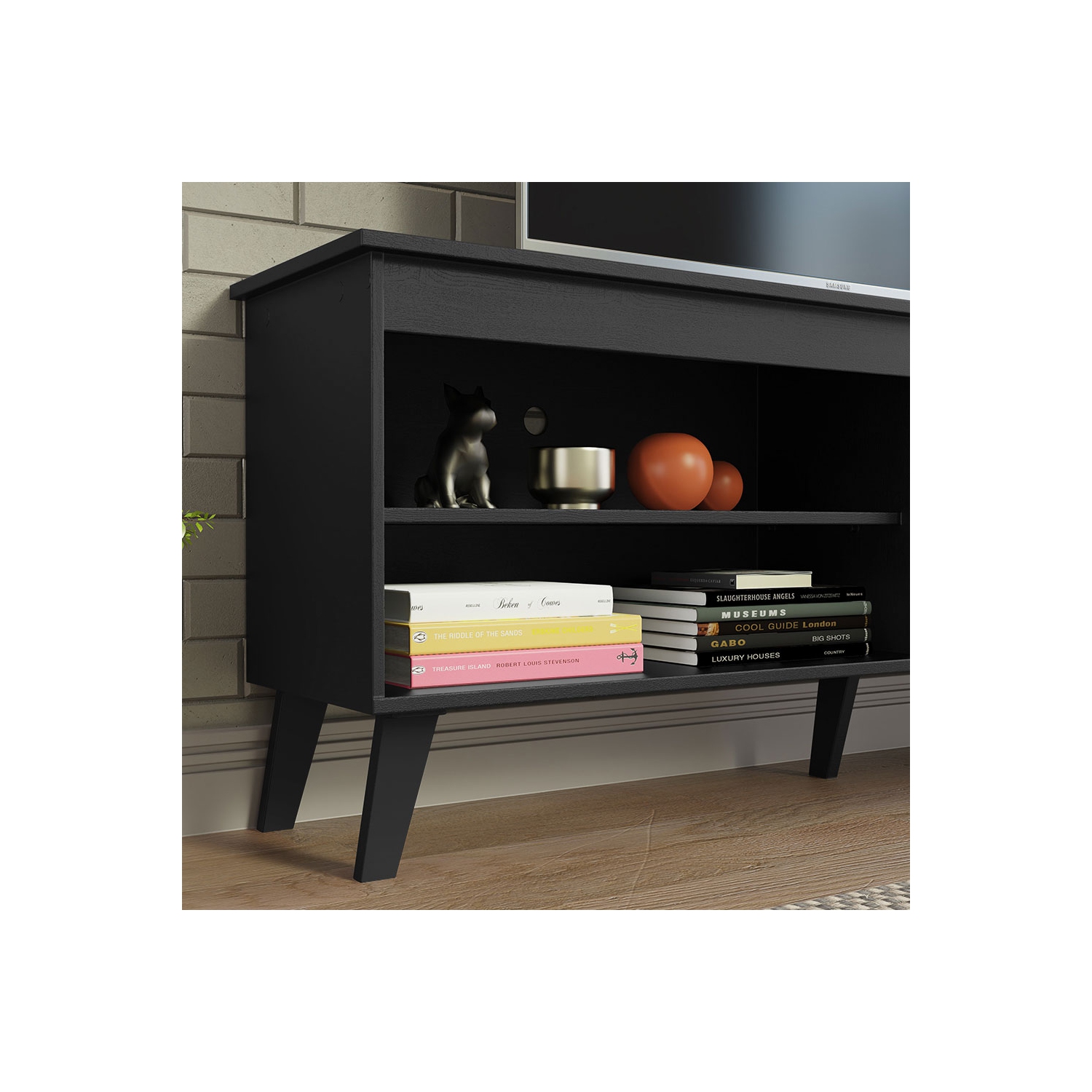 Madesa TV Stand Unit with 4 Shelves and Cable Management for 55, 65 Inch Media Console Entertainment Center Modern Wooden Television Cabinet - Black