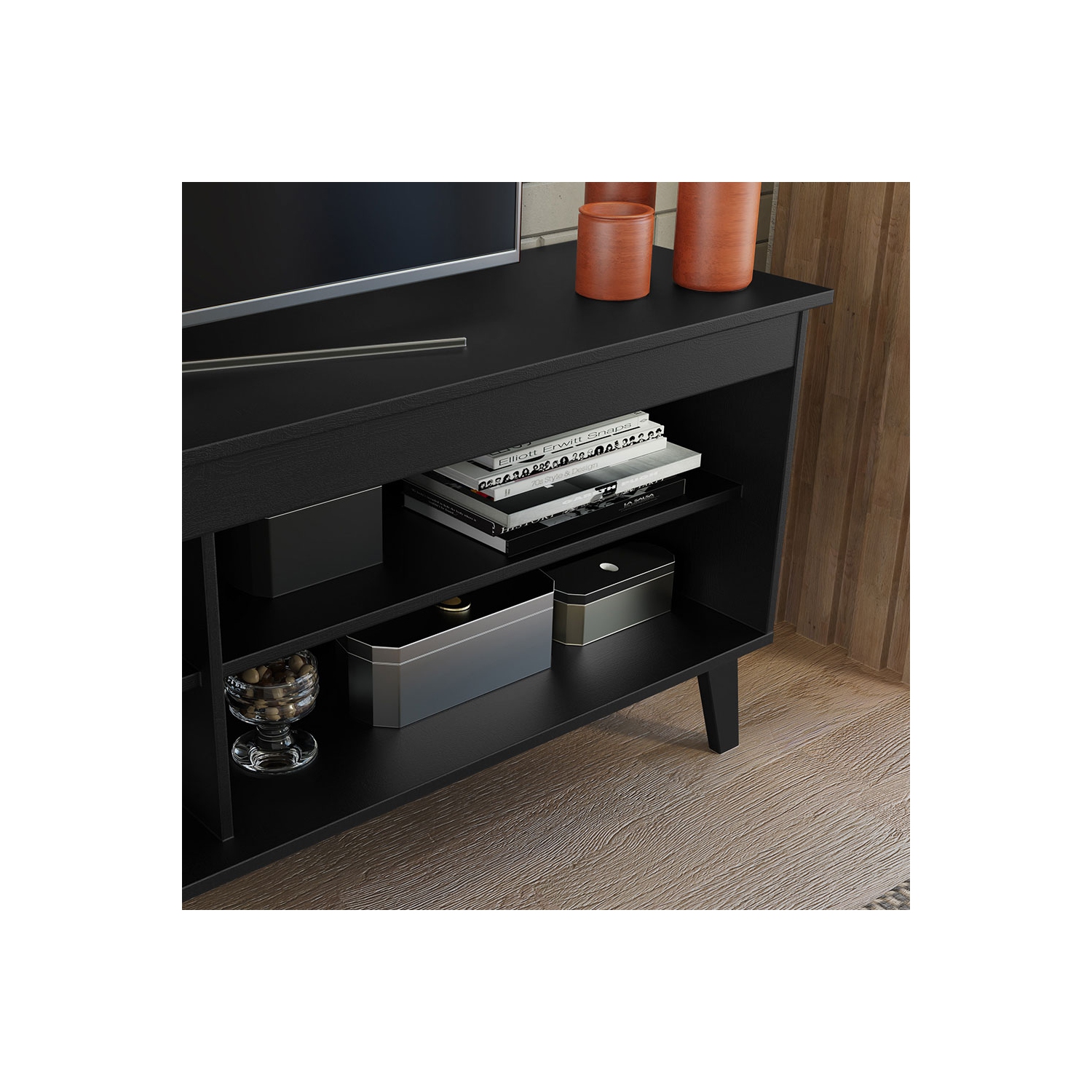 Madesa TV Stand Unit with 4 Shelves and Cable Management for 55, 65 Inch Media Console Entertainment Center Modern Wooden Television Cabinet - Black