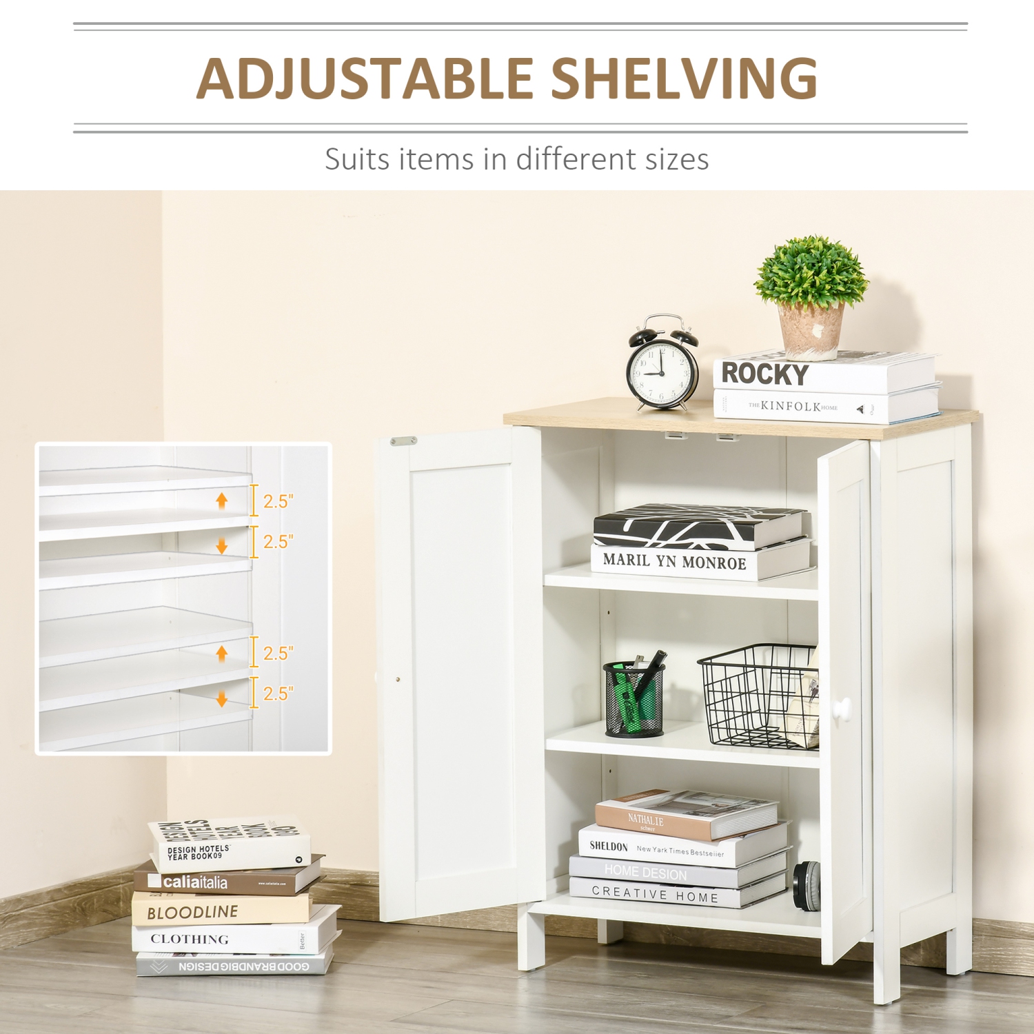 HOMCOM – Armoire de rangement à deux portes, 2 tablettes réglables et dessus de table en bois, blanc