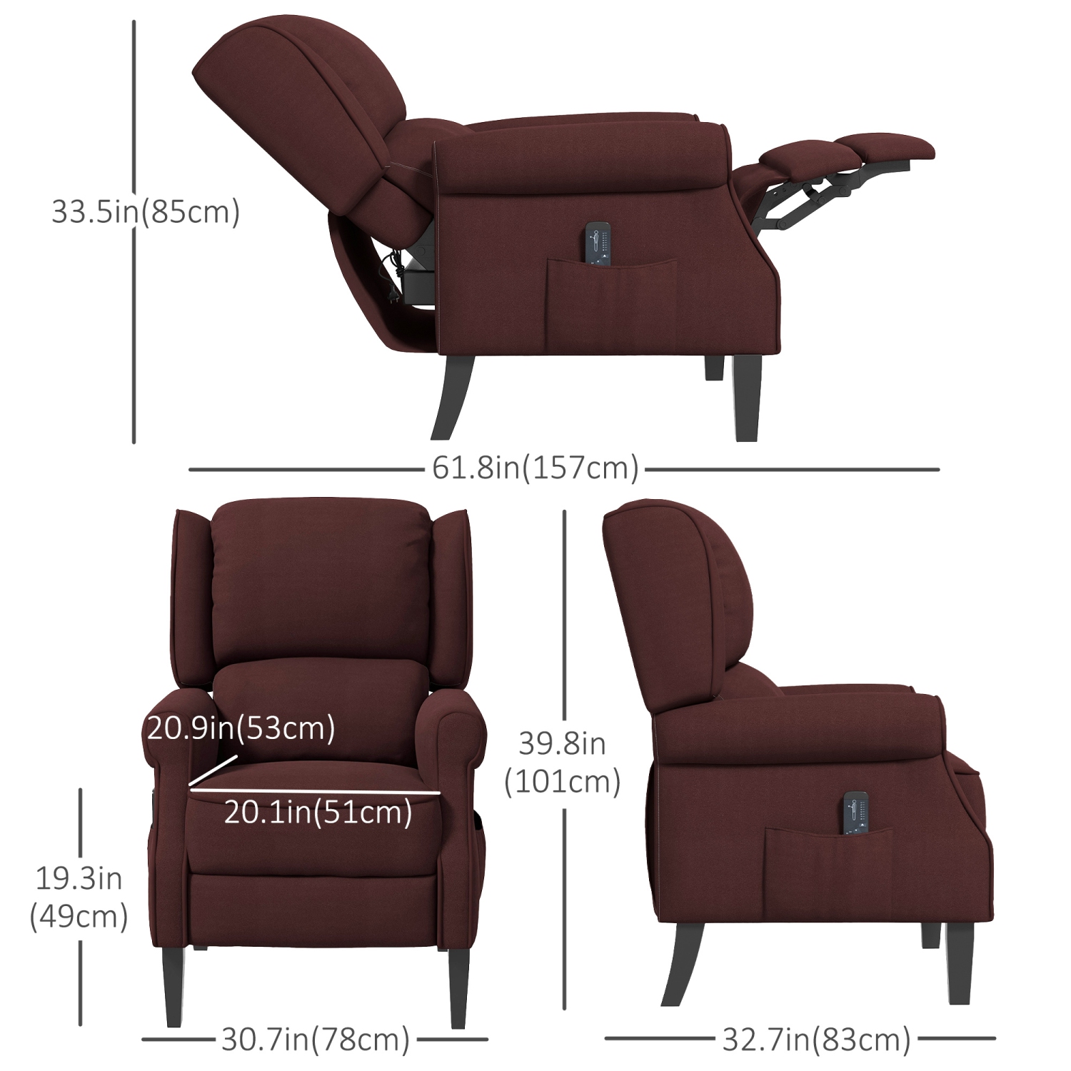 HOMCOM Massage Recliner Chair for Living Room, Push Back Recliner Sofa, Suede Wingback Reclining Chair with Extendable Footrest, Wood Legs, Remote