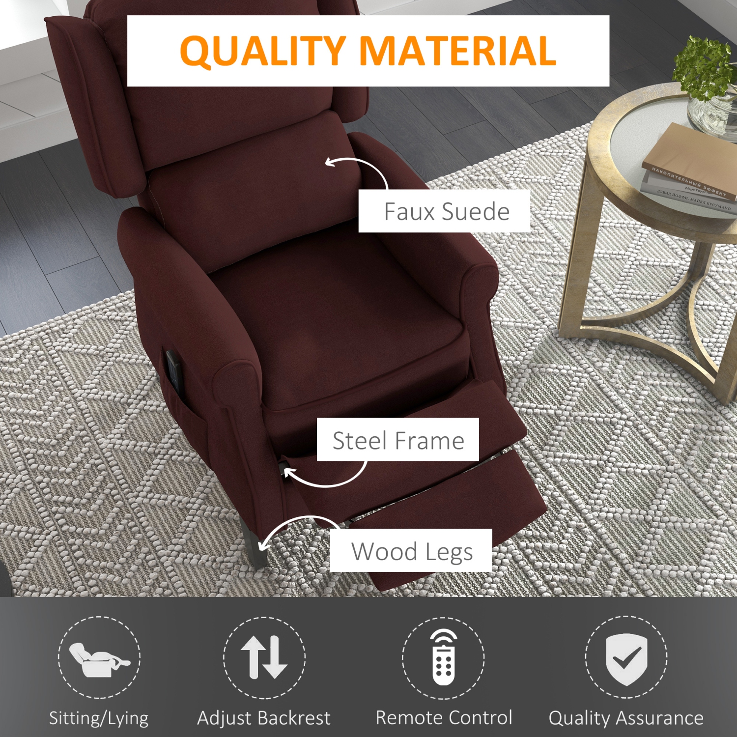 HOMCOM Massage Recliner Chair for Living Room, Push Back Recliner Sofa, Suede Wingback Reclining Chair with Extendable Footrest, Wood Legs, Remote