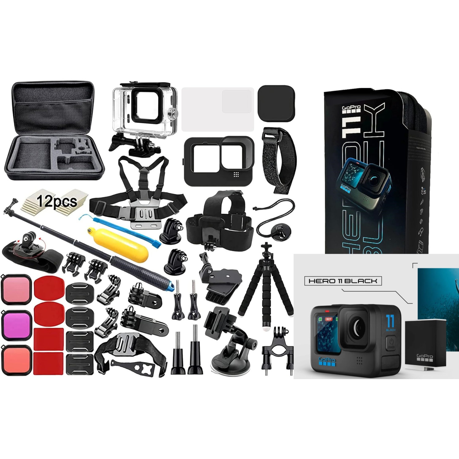 Open Box - GoPro HERO 11 Black Waterproof 5K Action , Sports and Helmet Camera / Camcorder with Accessory Bundle
