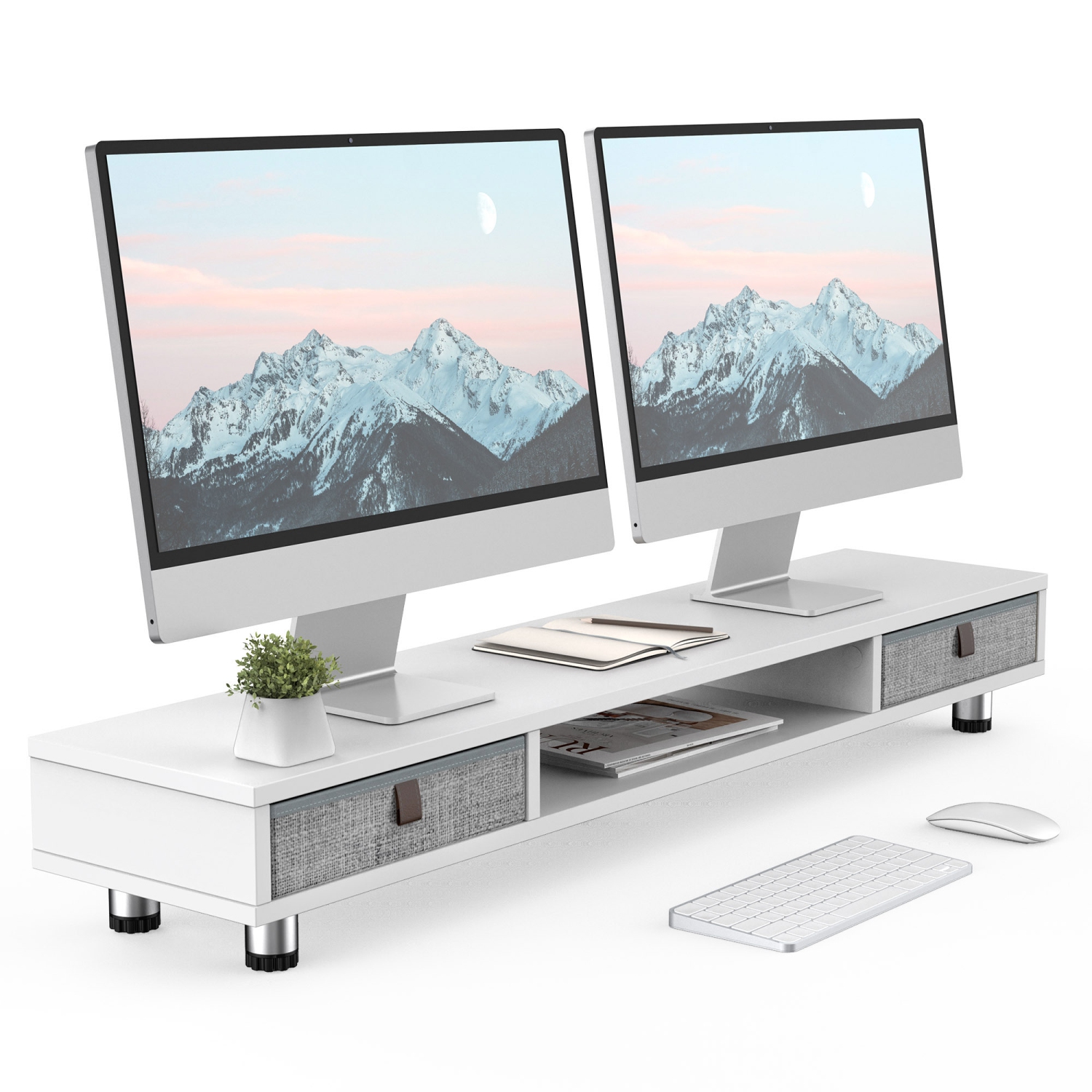 Fenge Monitor Stand, Dual Monitor Stand with 2 Drawers, Monitor Riser for 2 Monitors