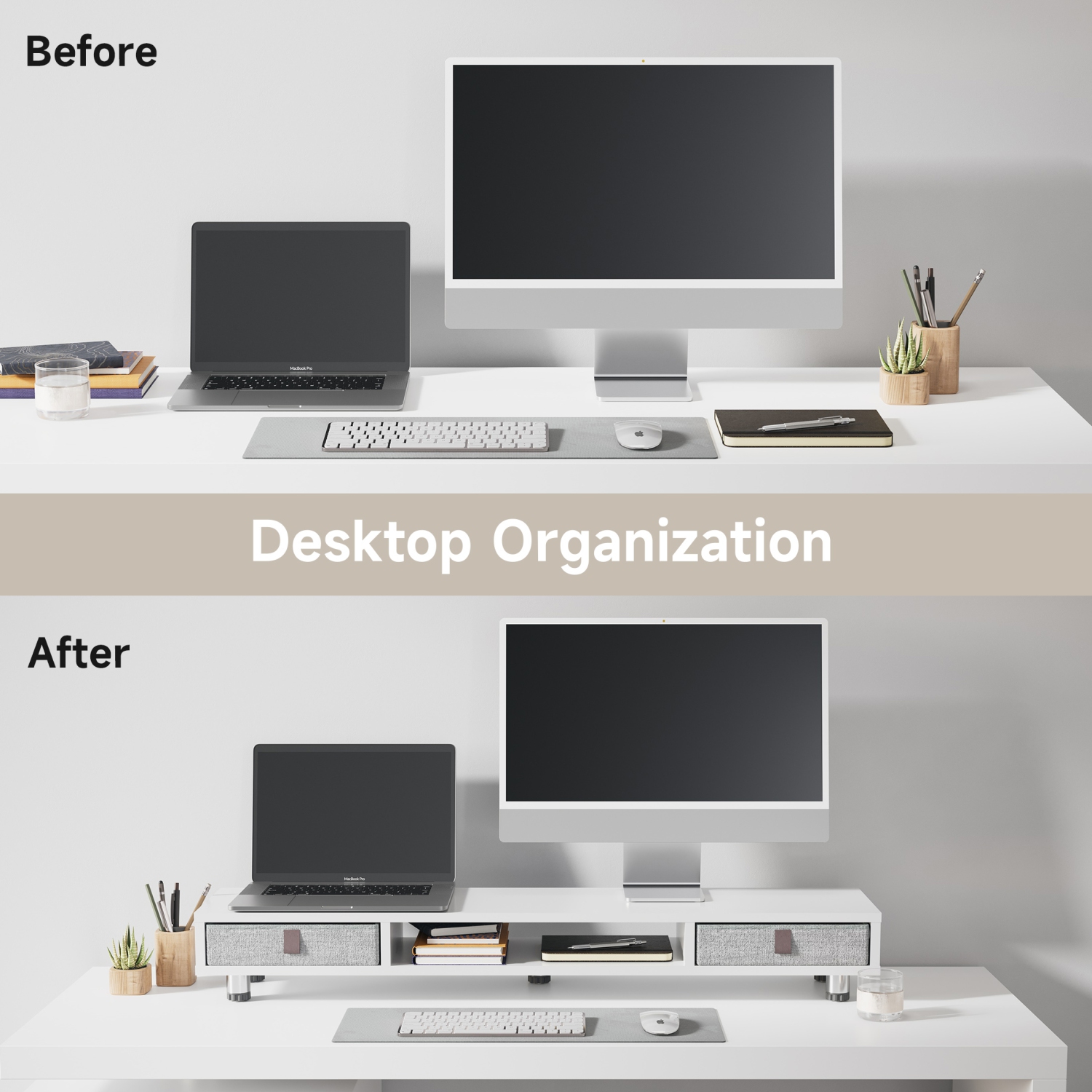 Fenge Monitor Stand, Dual Monitor Stand with 2 Drawers, Monitor Riser for 2 Monitors