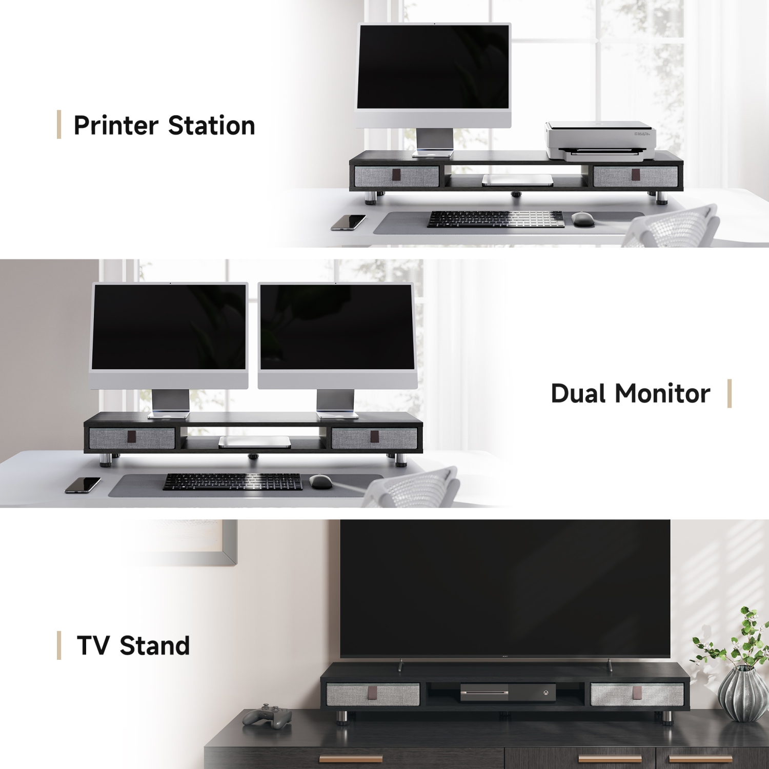 Fenge Monitor Stand, Dual Monitor Stand with 2 Drawers, Monitor Riser for 2 Monitors