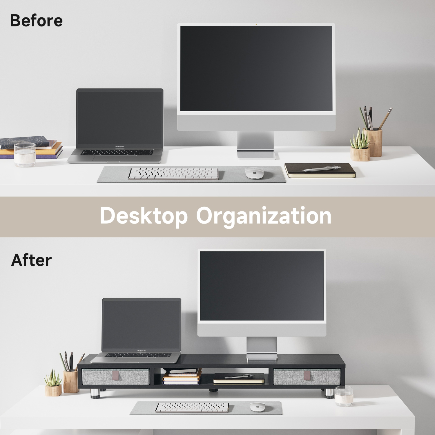Fenge Monitor Stand, Dual Monitor Stand with 2 Drawers, Monitor Riser for 2 Monitors
