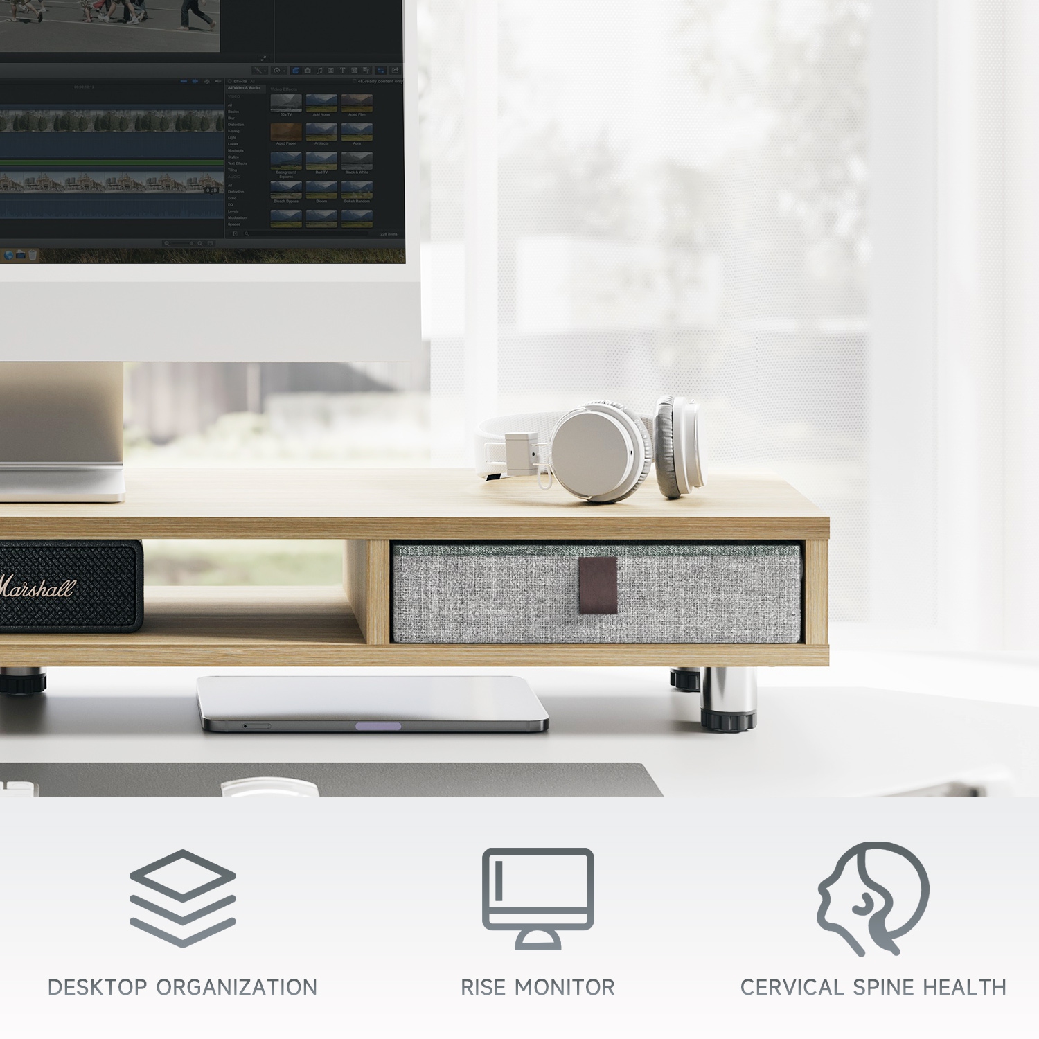 Support pour moniteur de Fenge, support pour deux moniteurs avec 2 tiroirs, socle pour moniteur pour 2 moniteurs