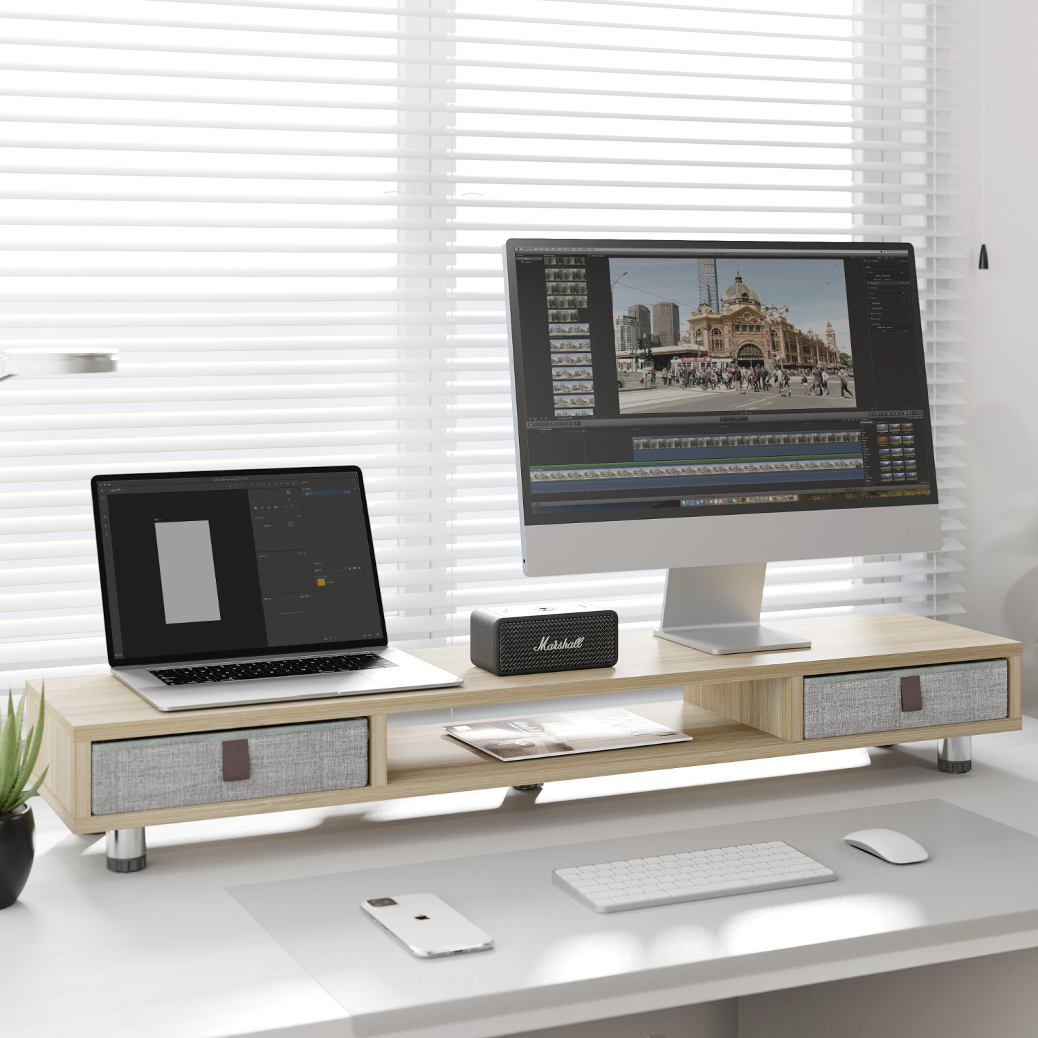 Support pour moniteur de Fenge, support pour deux moniteurs avec 2 tiroirs, socle pour moniteur pour 2 moniteurs