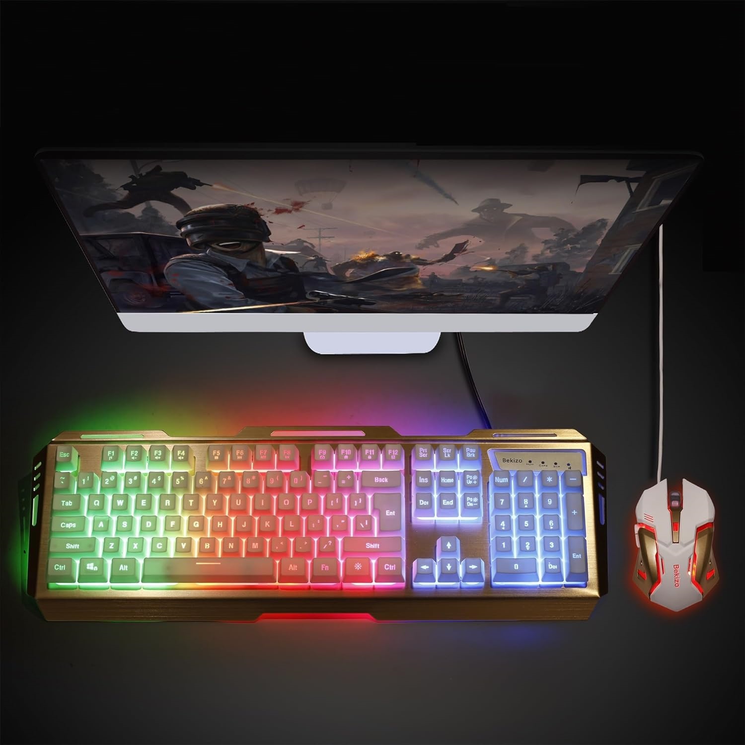 Gold Iron Gaming Keyboard and Mouse Combo, Color Change Gamer Keyboard, RGB LED Keyboard, PC Gaming Mouse, Wired Keyboard White Raised Key, for Xbox One PS4 Gamer