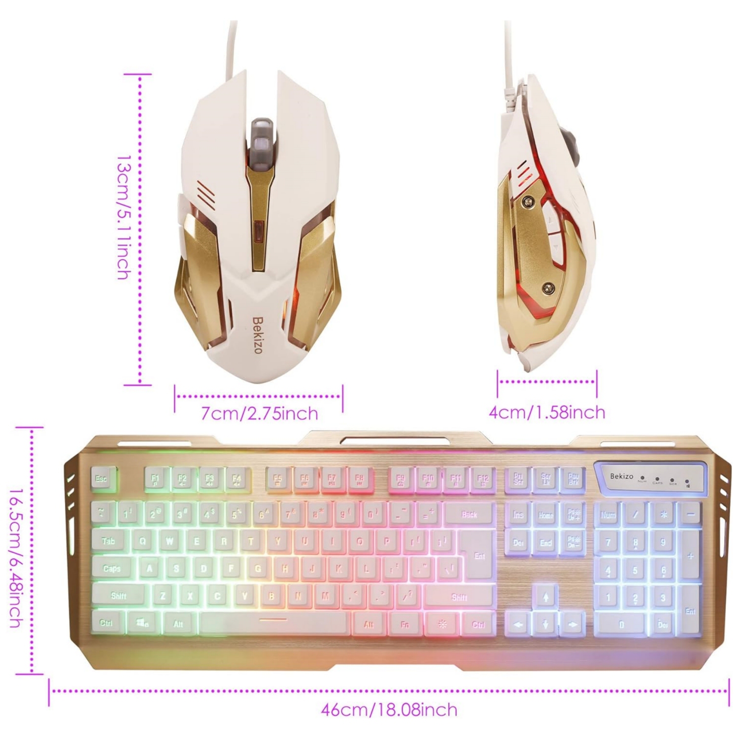 Gold Iron Gaming Keyboard and Mouse Combo, Color Change Gamer Keyboard, RGB LED Keyboard, PC Gaming Mouse, Wired Keyboard White Raised Key, for Xbox