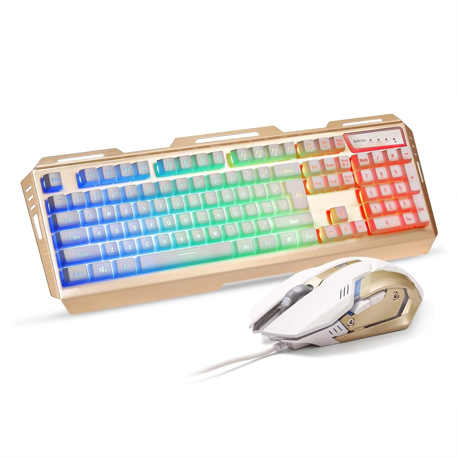 Gold Iron Gaming Keyboard and Mouse Combo, Color Change Gamer Keyboard, RGB LED Keyboard, PC Gaming Mouse, Wired Keyboard White Raised Key, for Xbox