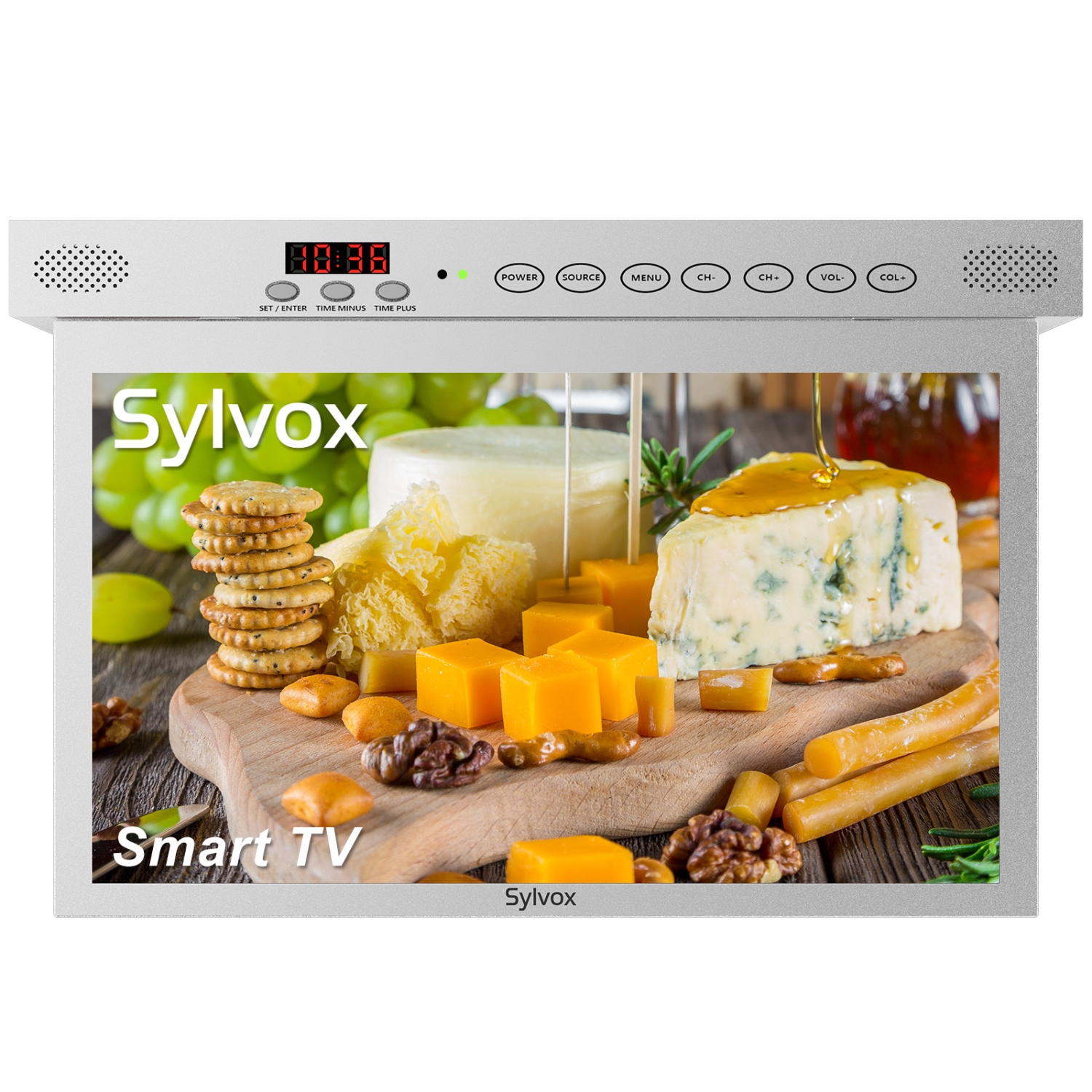 SYLVOX 15.6 inch Smart Kitchen TV, 1080P FHD Under Cabinet TV, Smart Android TV Built-in Google Play, Support Google Assistant WiFi Bluetooth(Silver）