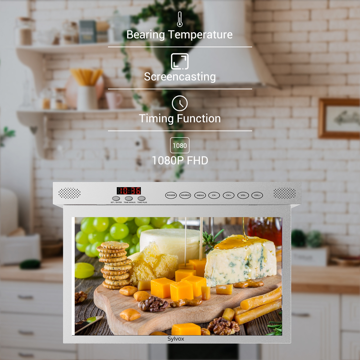 SYLVOX 15.6 inch Smart Kitchen TV, 1080P FHD Under Cabinet TV, Smart Android TV Built-in Google Play, Support Google Assistant WiFi Bluetooth(Silver）