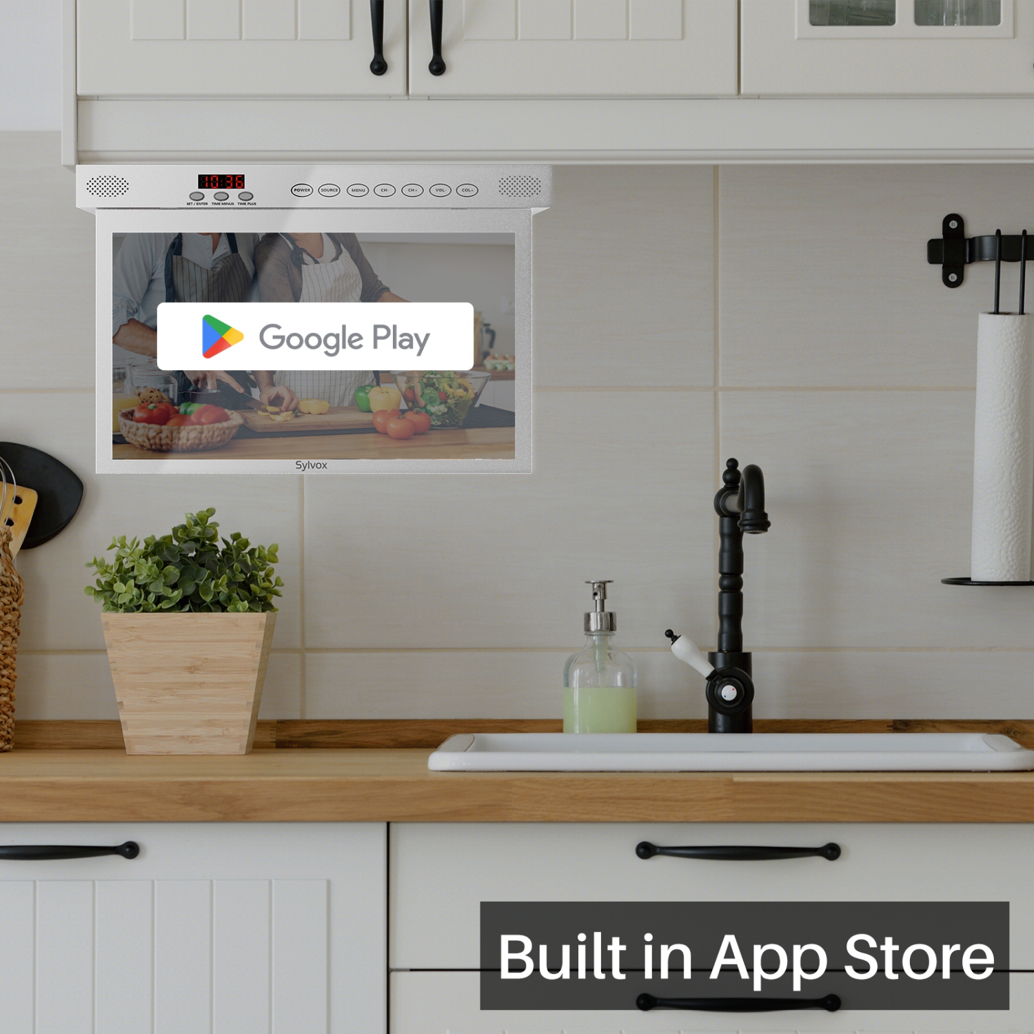 SYLVOX 15.6 inch Smart Kitchen TV, 1080P FHD Under Cabinet TV, Smart Android TV Built-in Google Play, Support Google Assistant WiFi Bluetooth(Silver）