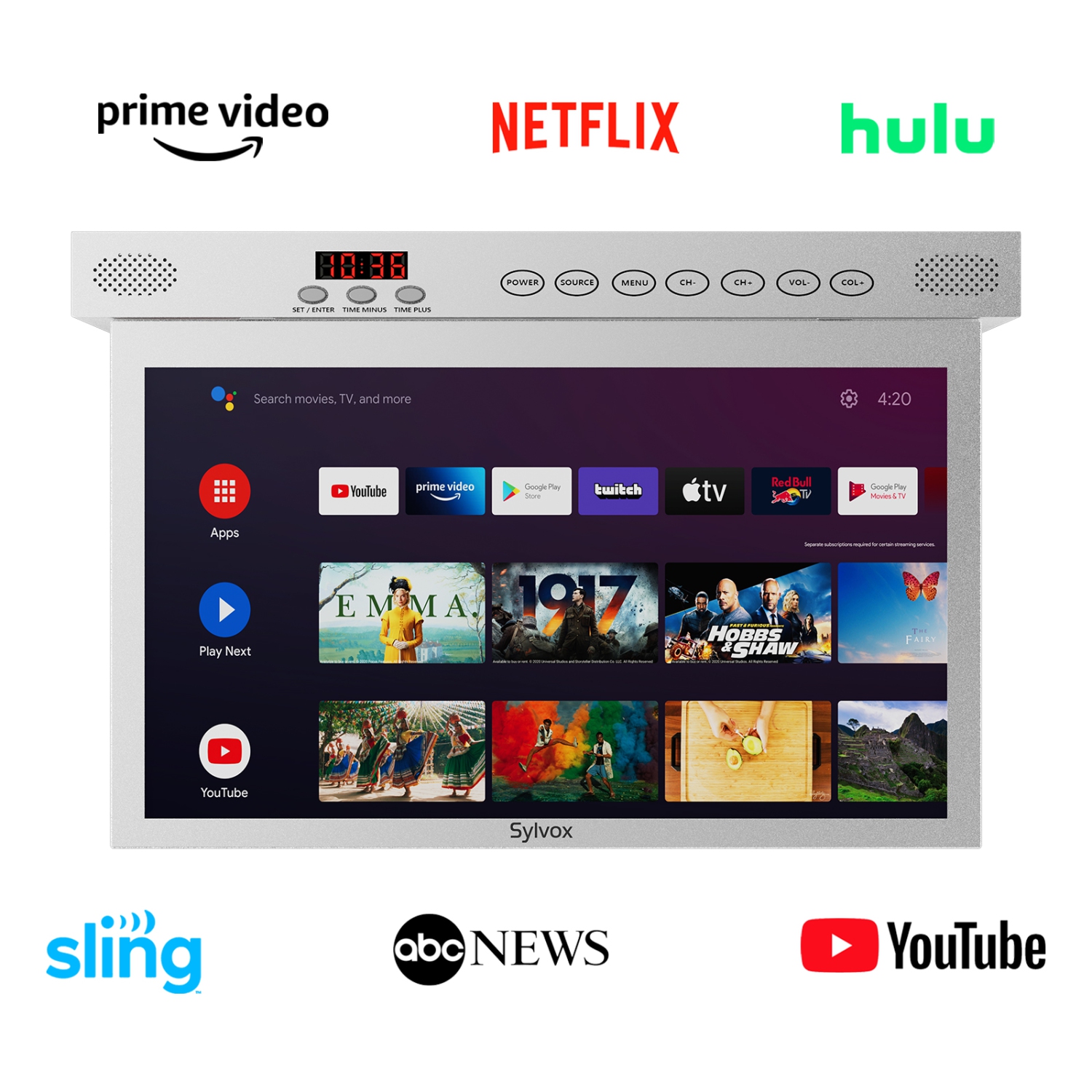 SYLVOX 15.6 inch Smart Kitchen TV, 1080P FHD Under Cabinet TV, Smart Android TV Built-in Google Play, Support Google Assistant WiFi Bluetooth(Silver）