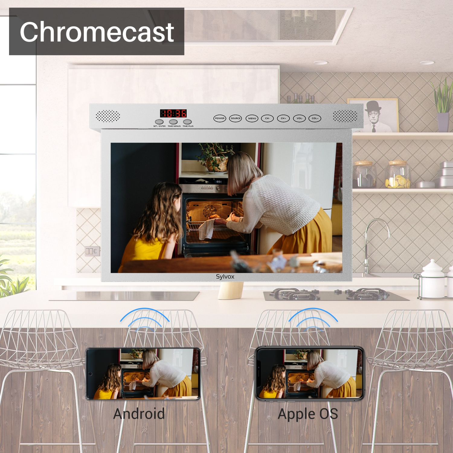 SYLVOX 15.6 inch Smart Kitchen TV, 1080P FHD Under Cabinet TV, Smart Android TV Built-in Google Play, Support Google Assistant WiFi Bluetooth(Silver）